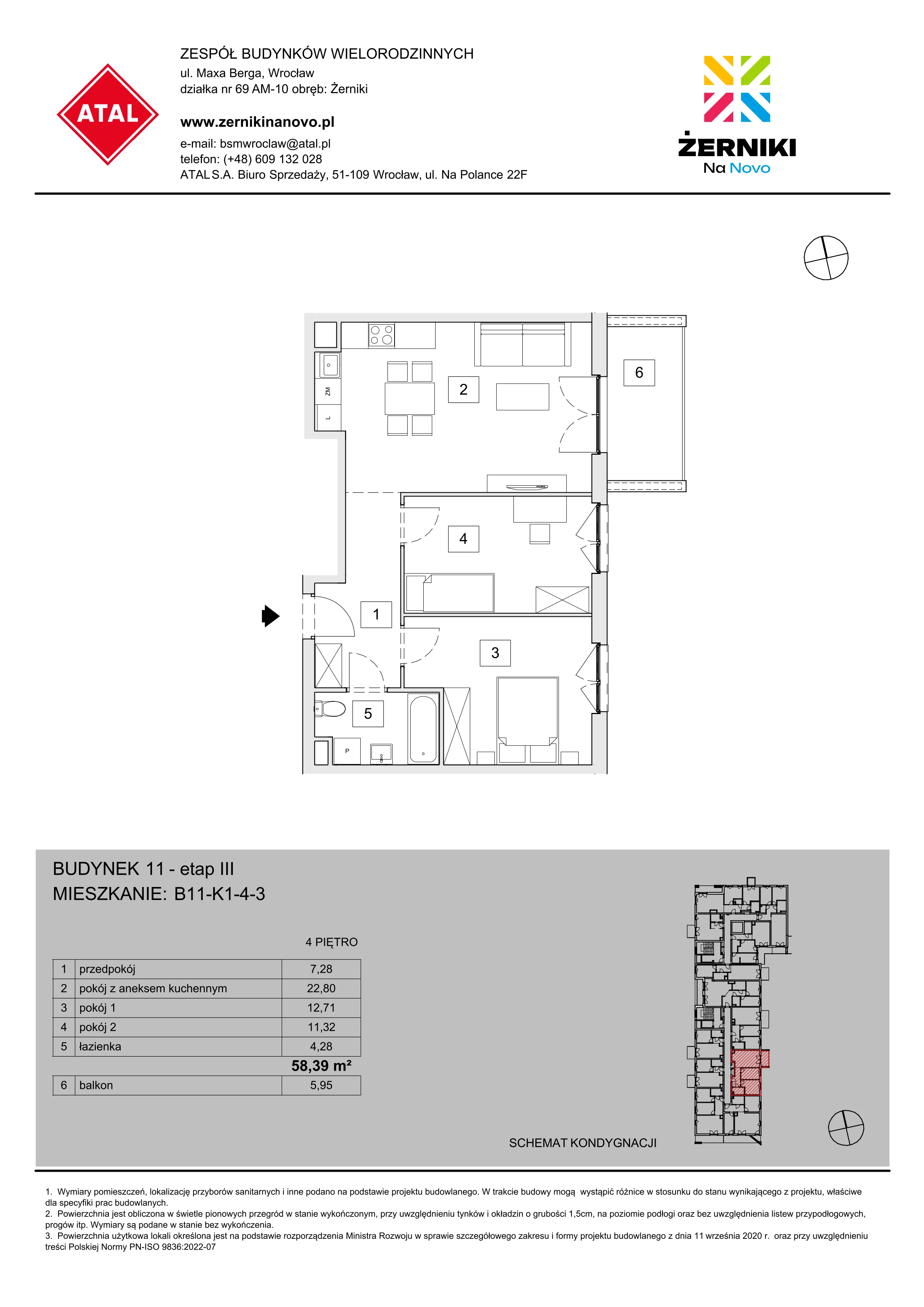 Mieszkanie 58,39 m², piętro 4, oferta nr B11-K1-4-3, Żerniki Na Novo III, Wrocław, Żerniki, ul. Maxa Berga