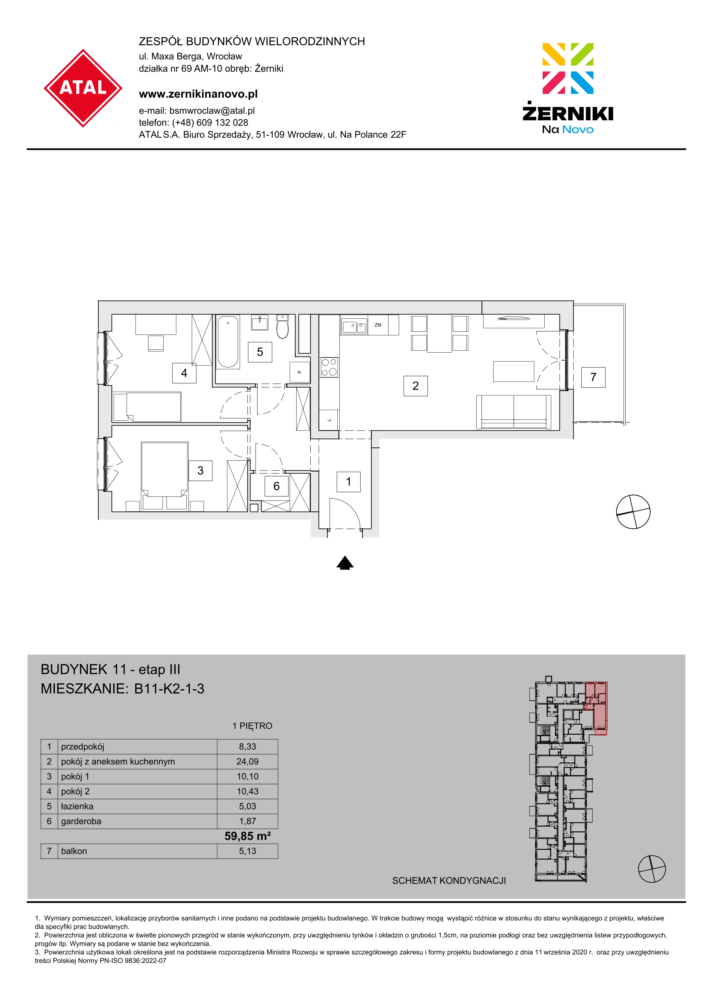 Mieszkanie 59,85 m², piętro 1, oferta nr B11-K2-1-3, Żerniki Na Novo III, Wrocław, Żerniki, ul. Maxa Berga