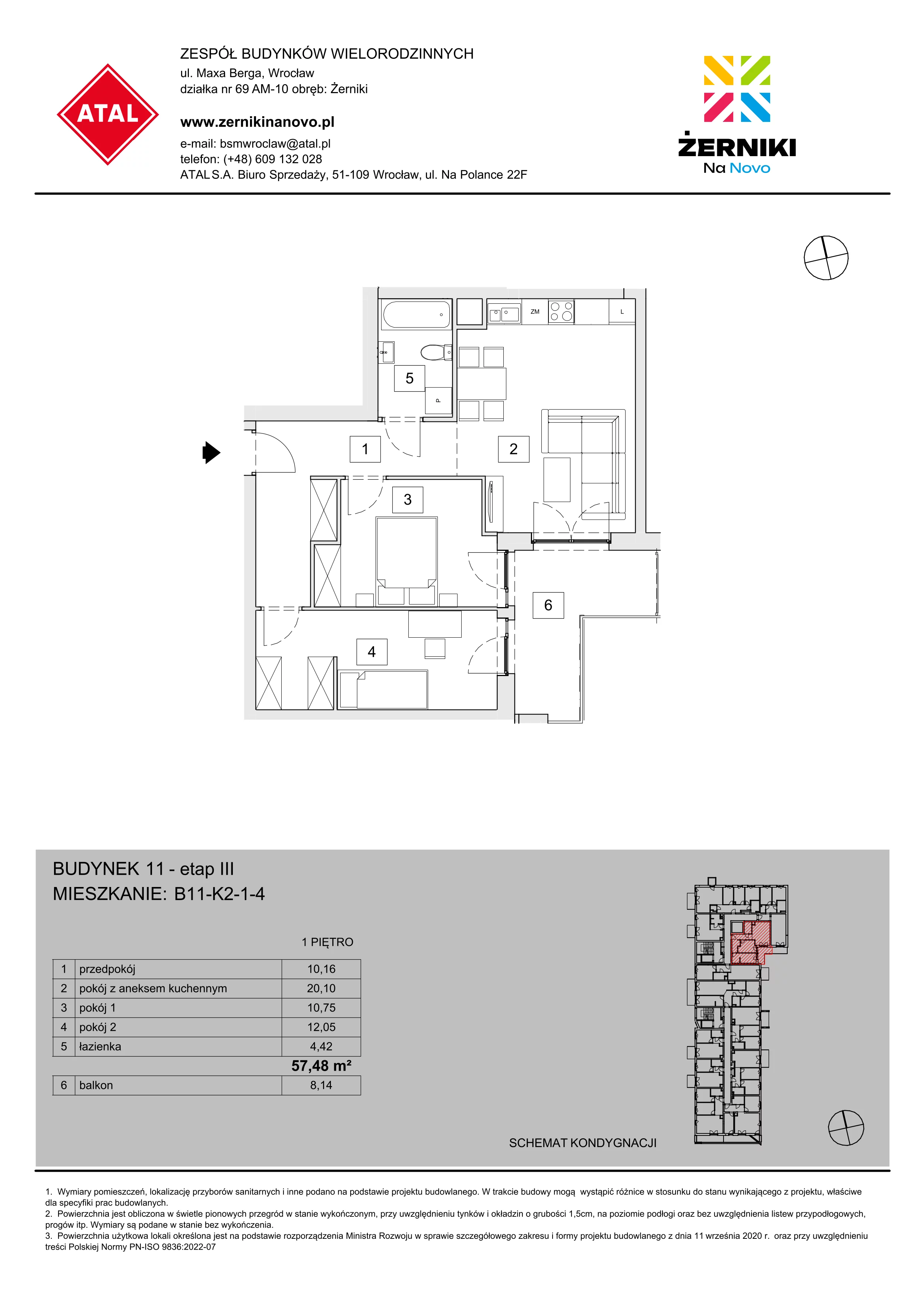 Mieszkanie 57,48 m², piętro 1, oferta nr B11-K2-1-4, Żerniki Na Novo III, Wrocław, Żerniki, ul. Maxa Berga