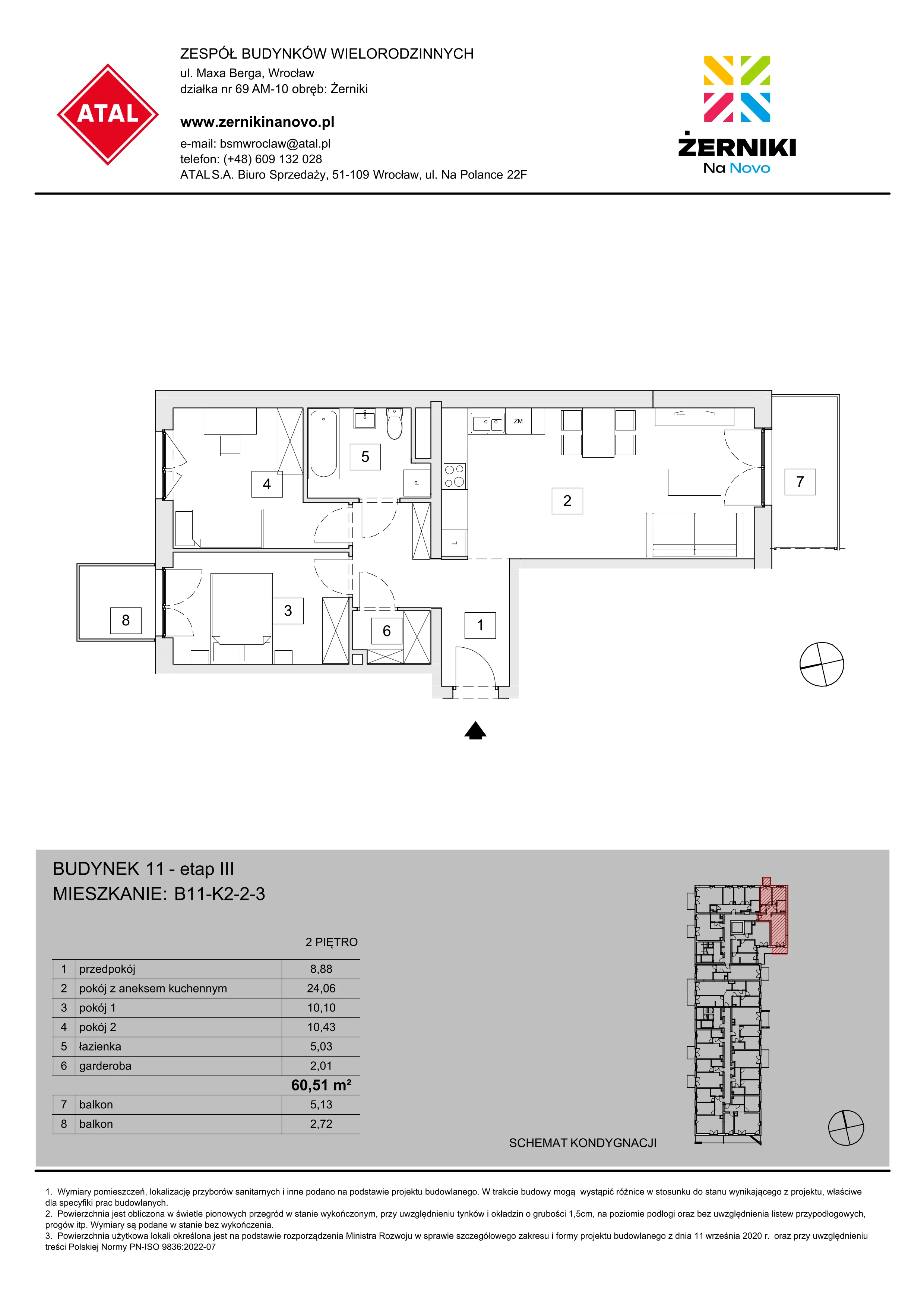 Mieszkanie 60,51 m², piętro 2, oferta nr B11-K2-2-3, Żerniki Na Novo III, Wrocław, Żerniki, ul. Maxa Berga