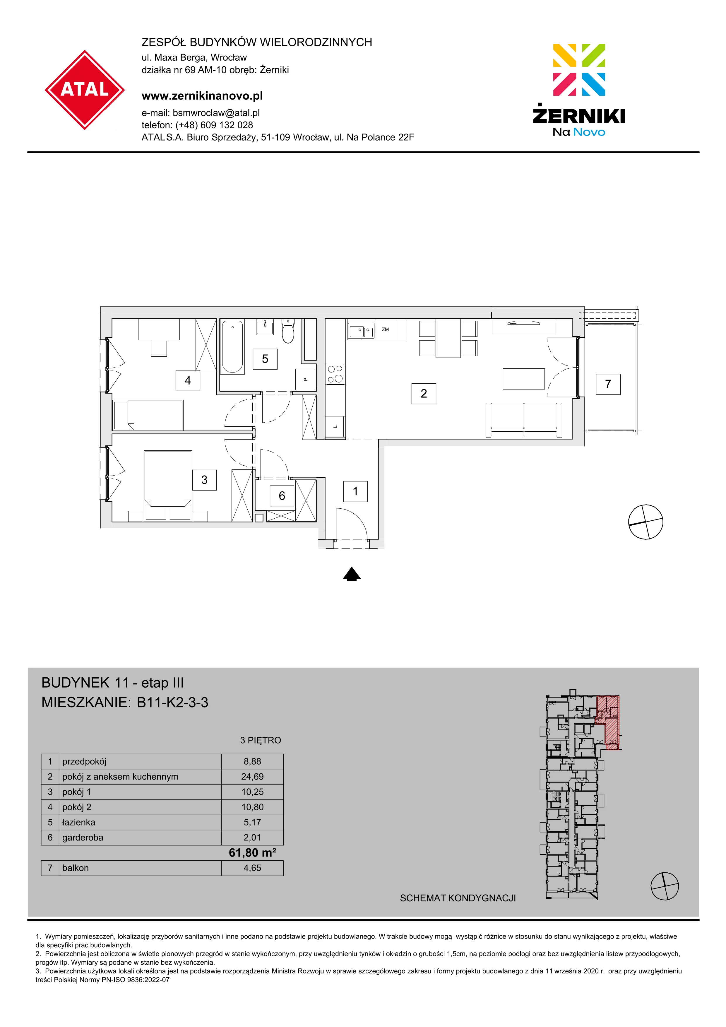 Mieszkanie 61,80 m², piętro 3, oferta nr B11-K2-3-3, Żerniki Na Novo III, Wrocław, Żerniki, ul. Maxa Berga