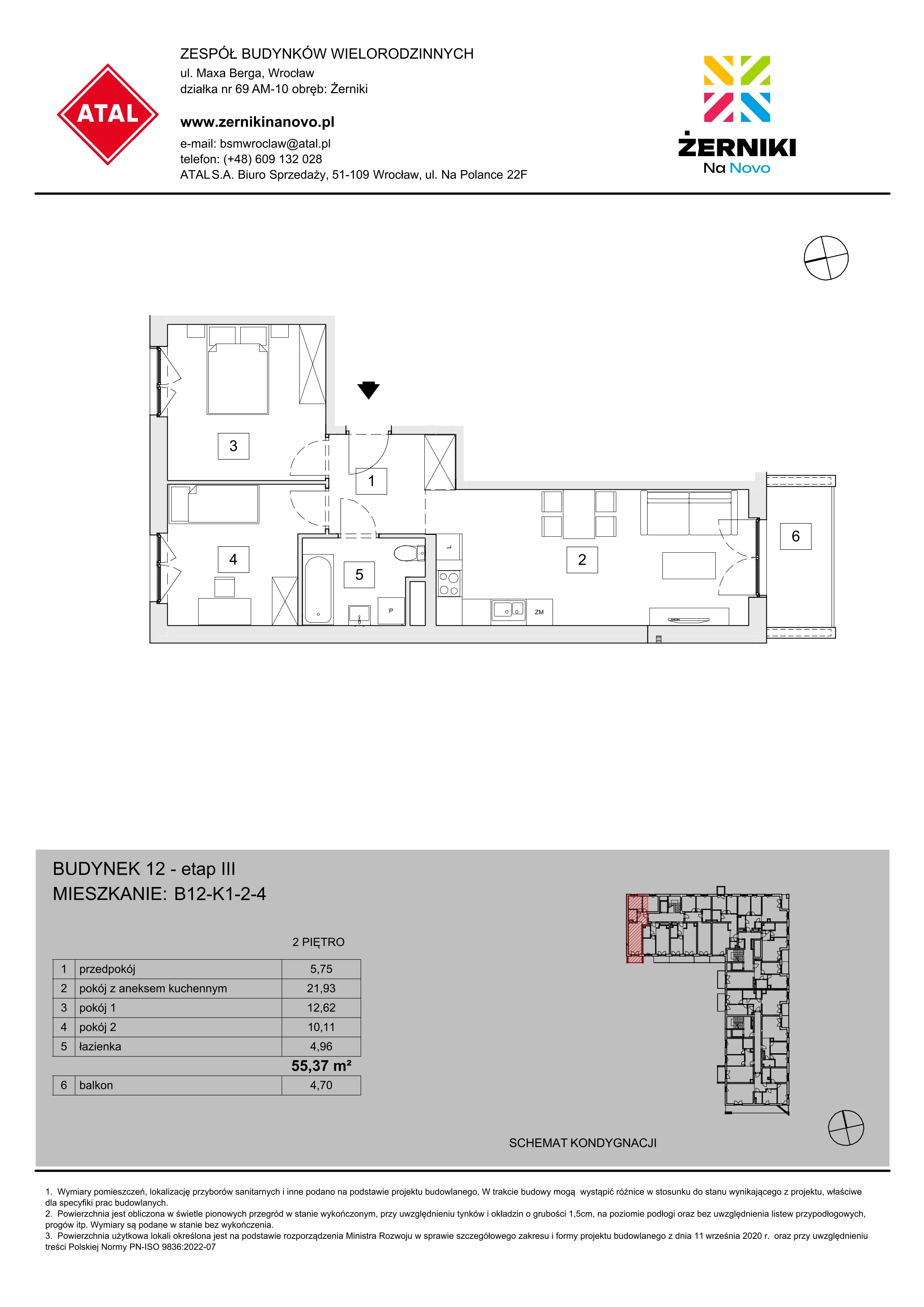 Mieszkanie 55,37 m², piętro 2, oferta nr B12-K1-2-4, Żerniki Na Novo III, Wrocław, Żerniki, ul. Maxa Berga