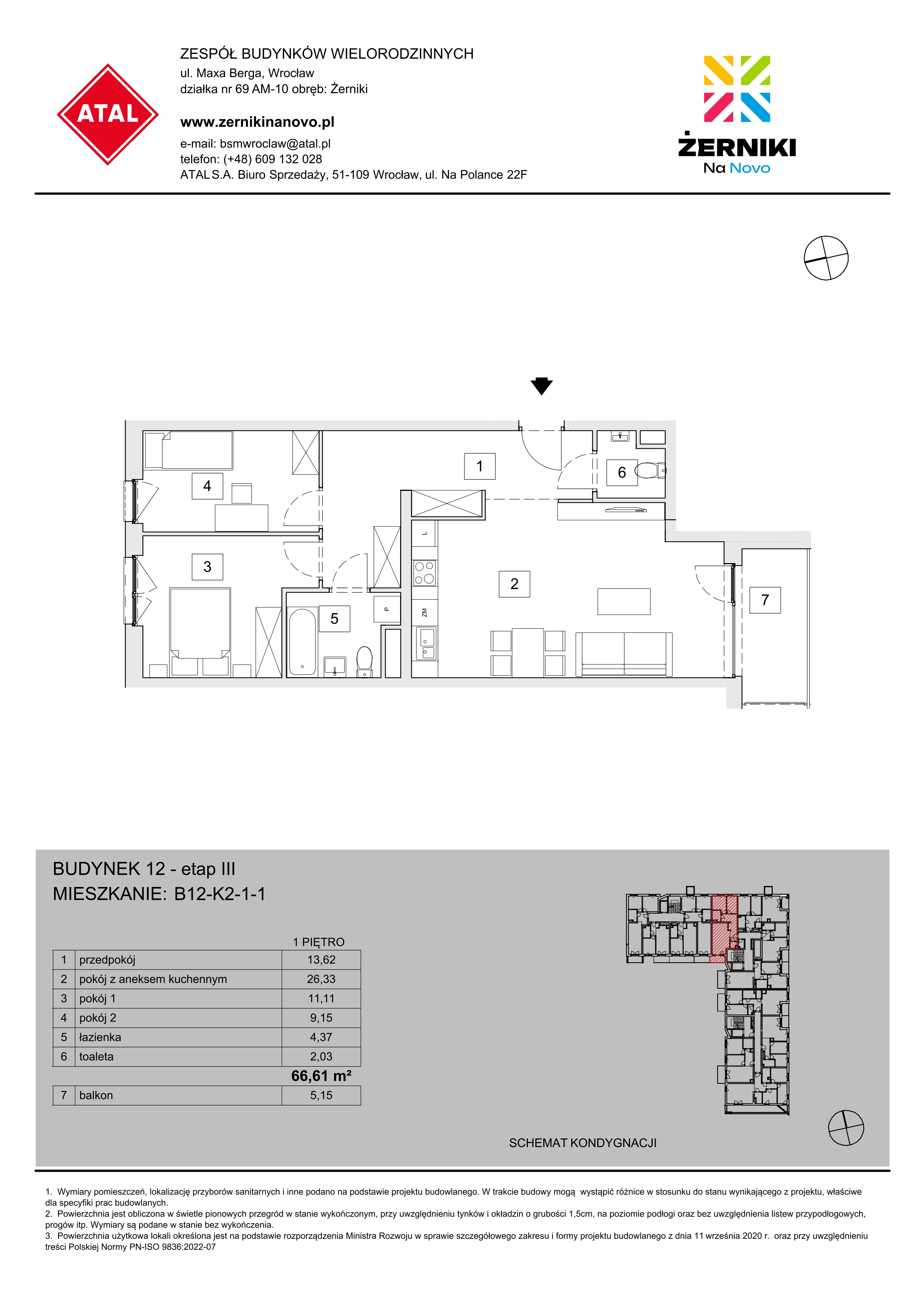 Mieszkanie 66,61 m², piętro 1, oferta nr B12-K2-1-1, Żerniki Na Novo III, Wrocław, Żerniki, ul. Maxa Berga