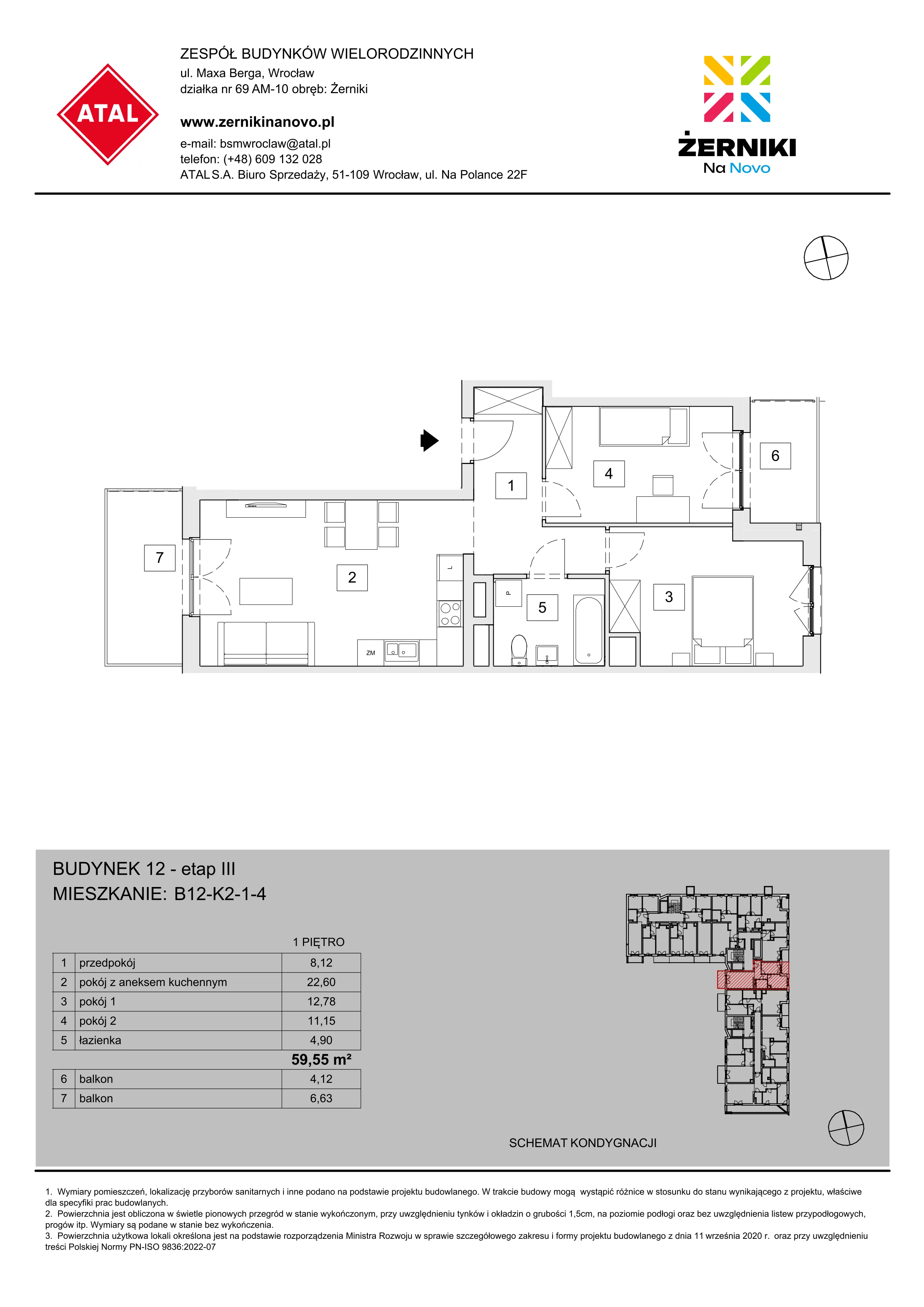 Mieszkanie 59,55 m², piętro 1, oferta nr B12-K2-1-4, Żerniki Na Novo III, Wrocław, Żerniki, ul. Maxa Berga