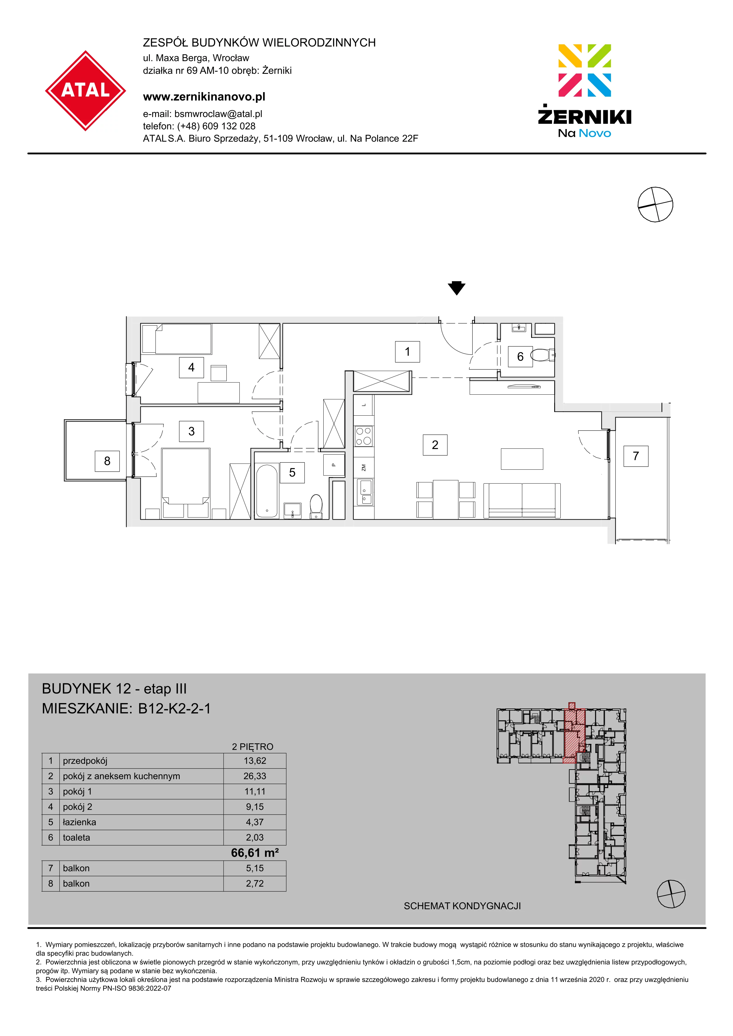 Mieszkanie 66,61 m², piętro 2, oferta nr B12-K2-2-1, Żerniki Na Novo III, Wrocław, Żerniki, ul. Maxa Berga