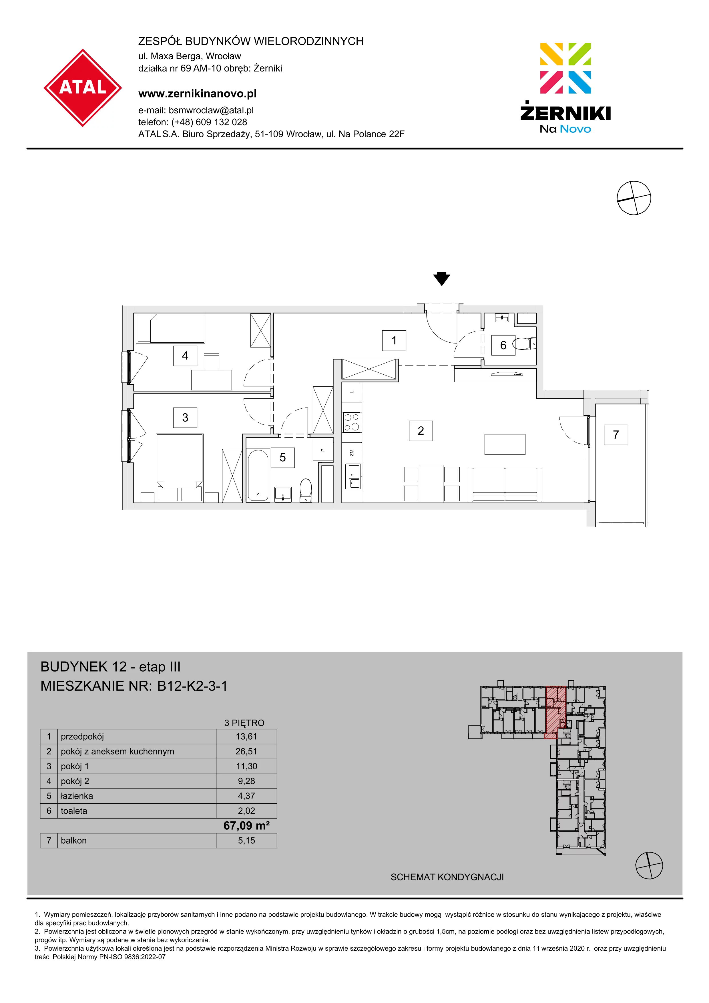 Mieszkanie 67,09 m², piętro 3, oferta nr B12-K2-3-1, Żerniki Na Novo III, Wrocław, Żerniki, ul. Maxa Berga