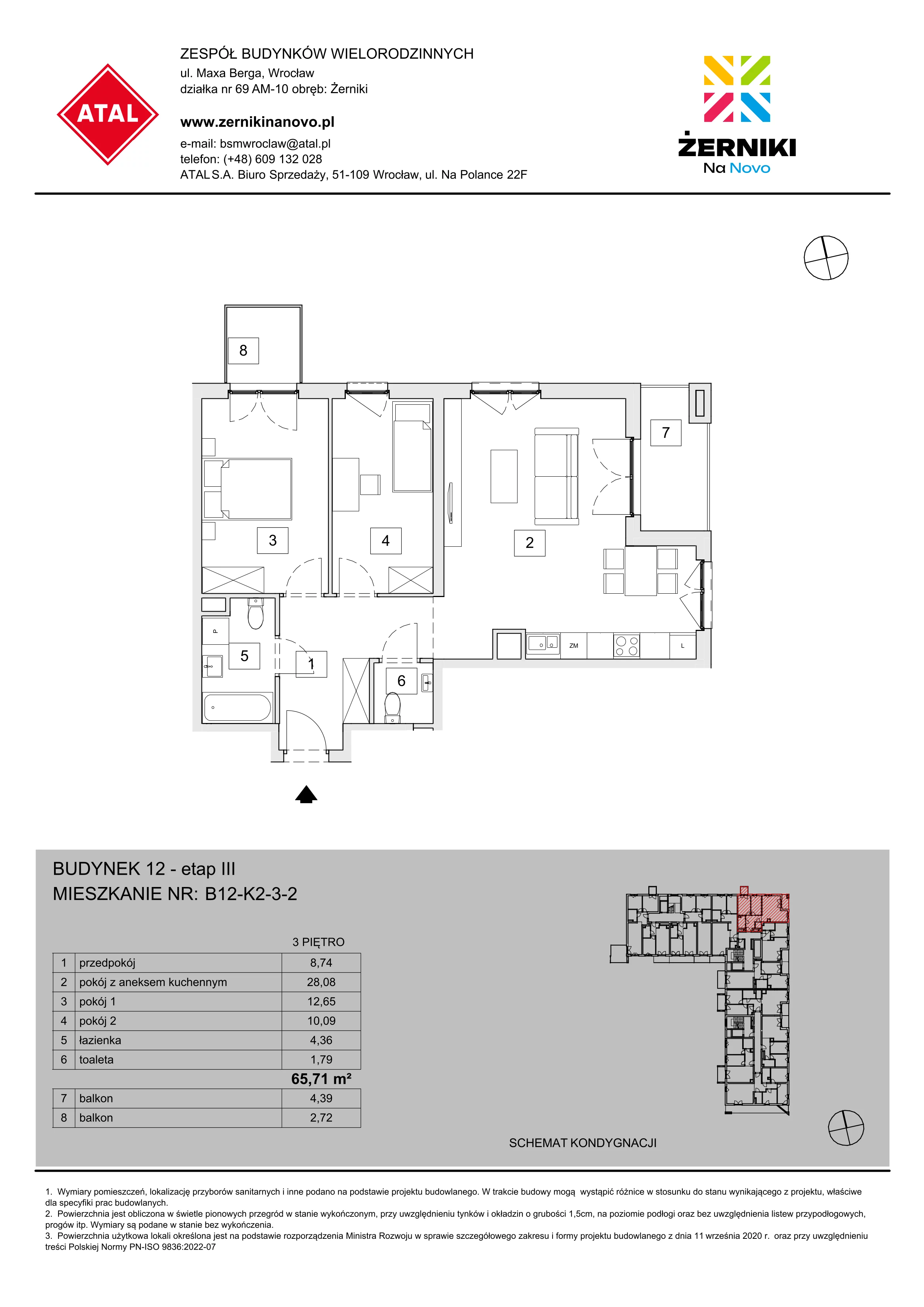 Mieszkanie 65,71 m², piętro 3, oferta nr B12-K2-3-2, Żerniki Na Novo III, Wrocław, Żerniki, ul. Maxa Berga