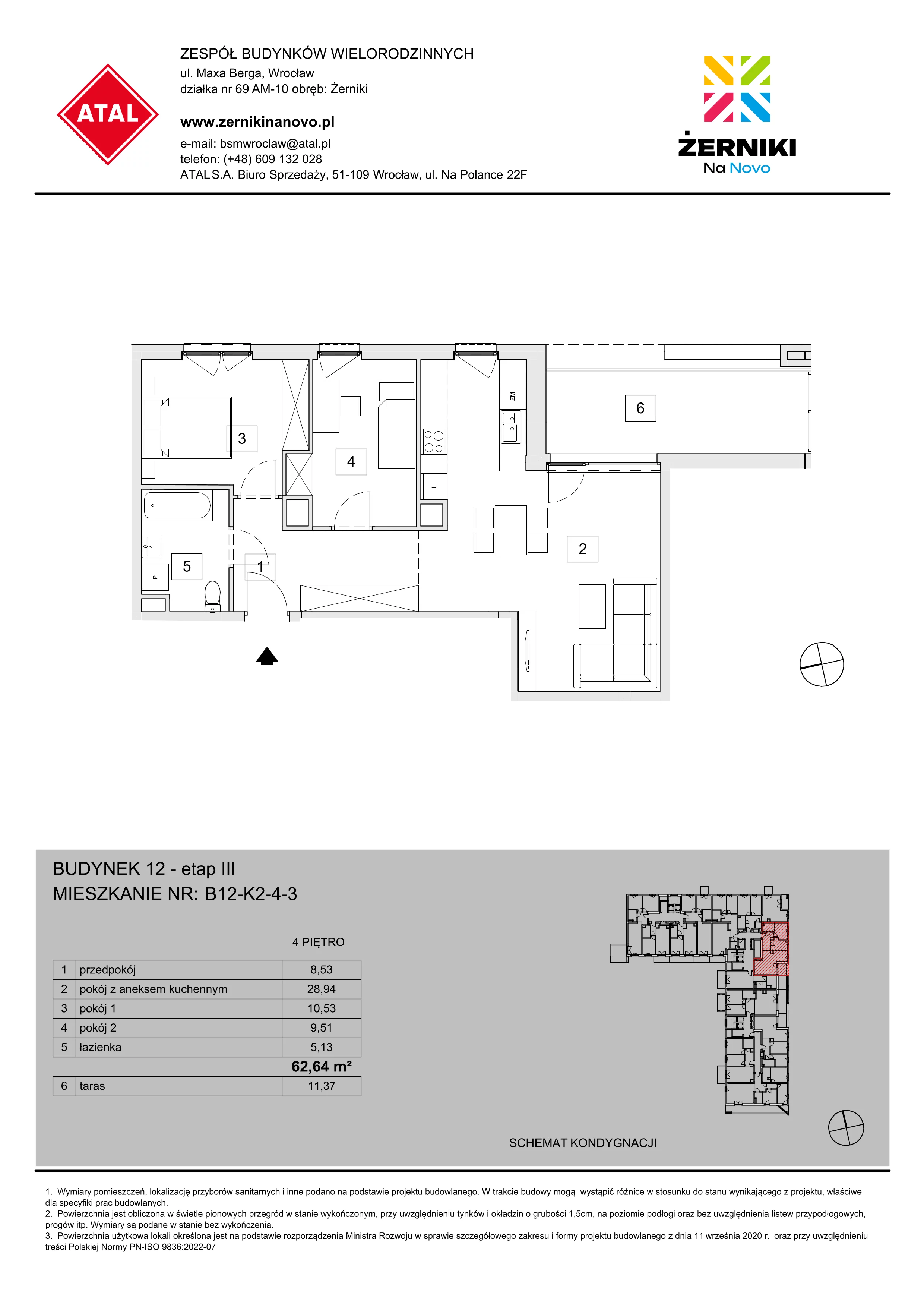 Mieszkanie 62,64 m², piętro 4, oferta nr B12-K2-4-3, Żerniki Na Novo III, Wrocław, Żerniki, ul. Maxa Berga