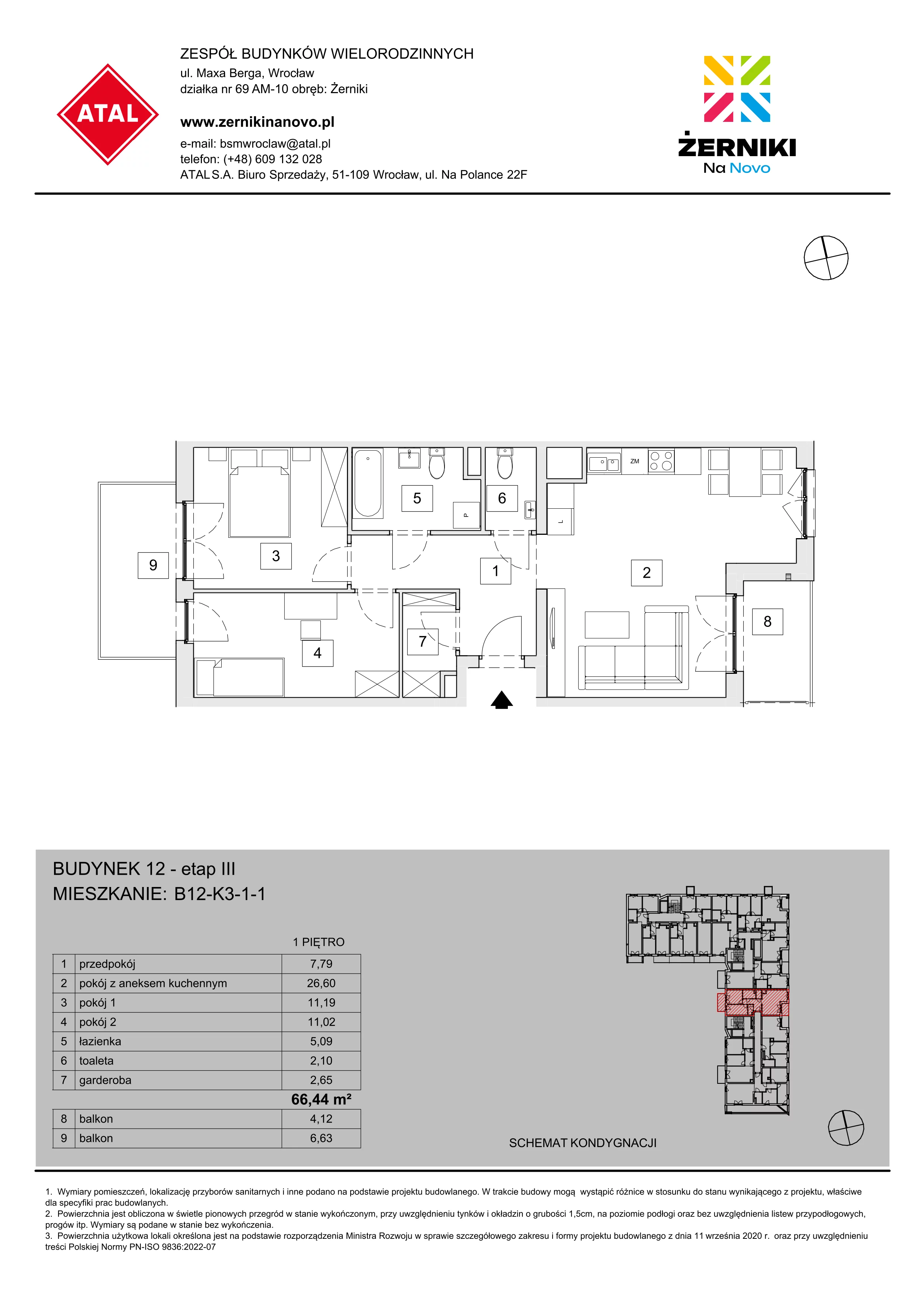 Mieszkanie 66,64 m², piętro 1, oferta nr B12-K3-1-1, Żerniki Na Novo III, Wrocław, Żerniki, ul. Maxa Berga