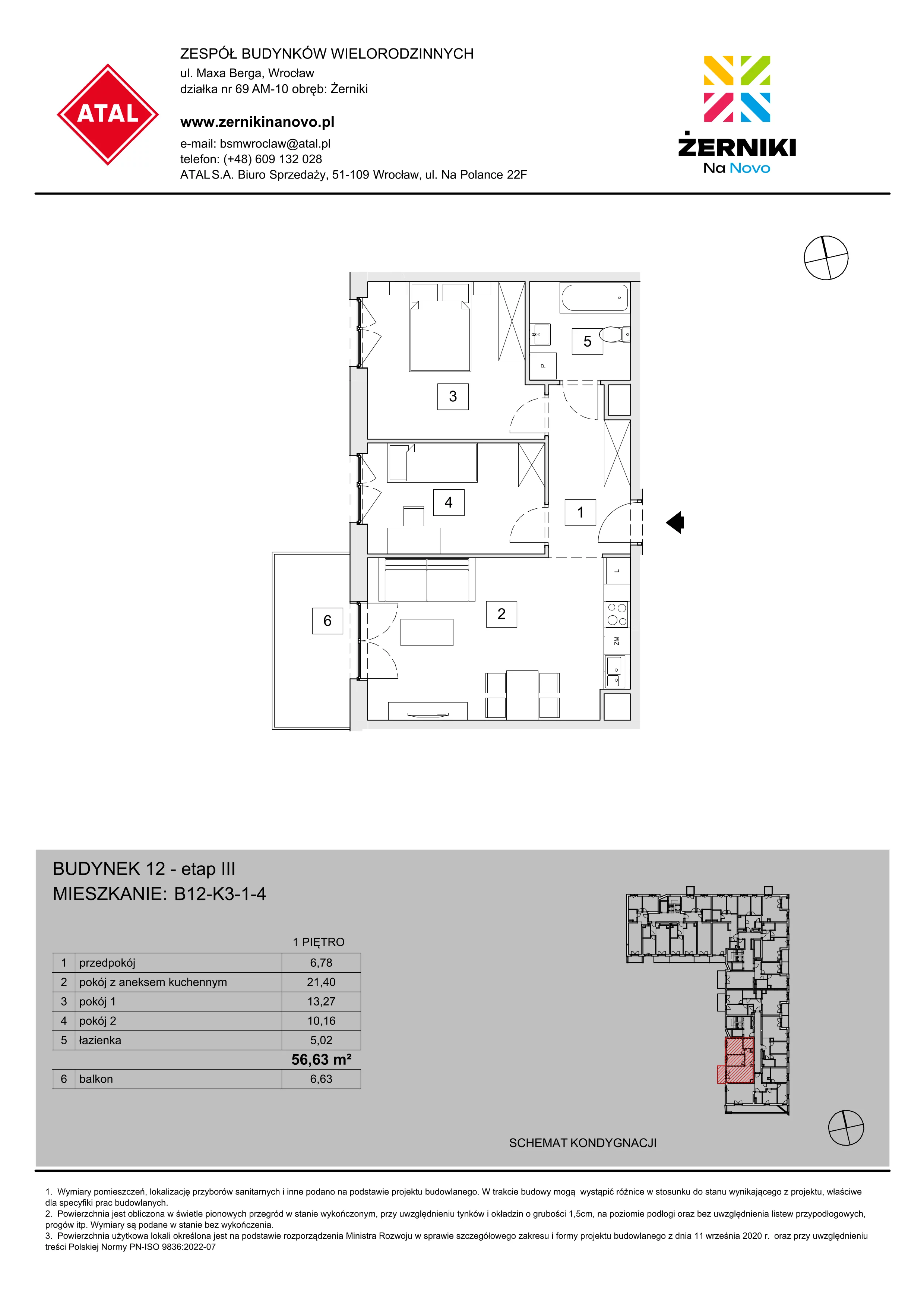 Mieszkanie 56,63 m², piętro 1, oferta nr B12-K3-1-4, Żerniki Na Novo III, Wrocław, Żerniki, ul. Maxa Berga