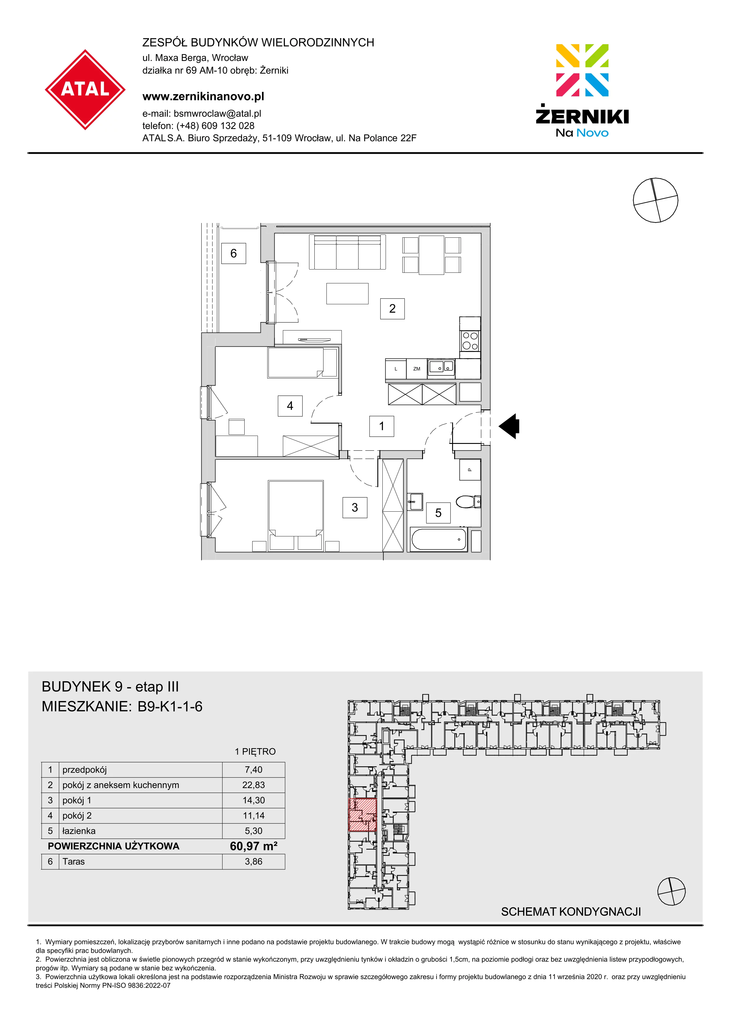 Mieszkanie 60,97 m², piętro 1, oferta nr B9-K1-1-6, Żerniki Na Novo III, Wrocław, Żerniki, ul. Maxa Berga