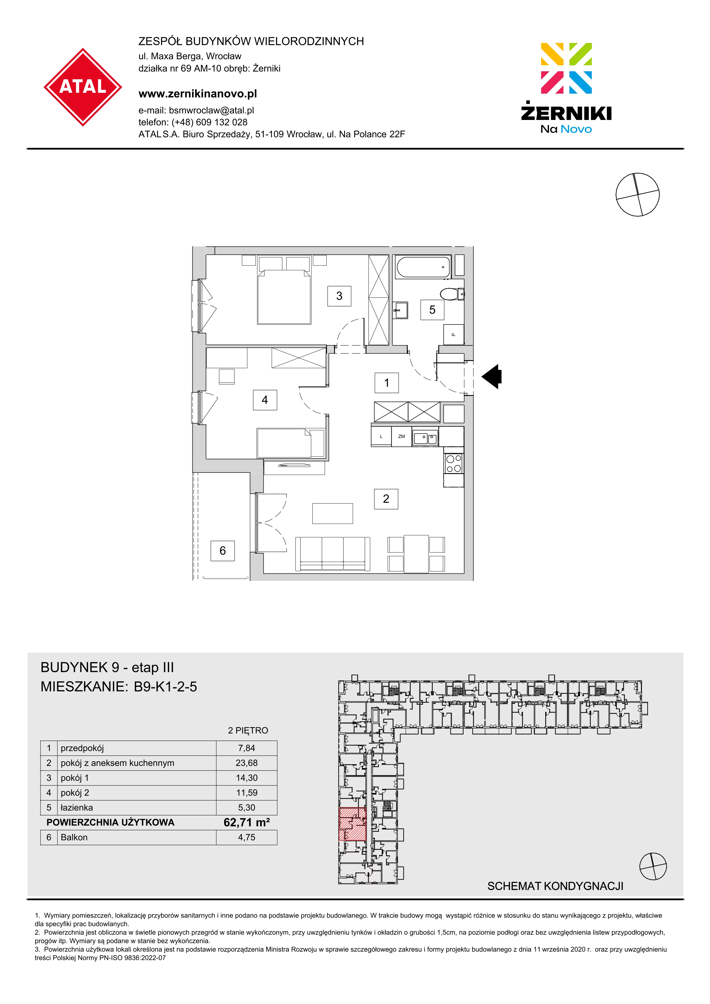 Mieszkanie 62,71 m², piętro 2, oferta nr B9-K1-2-5, Żerniki Na Novo III, Wrocław, Żerniki, ul. Maxa Berga