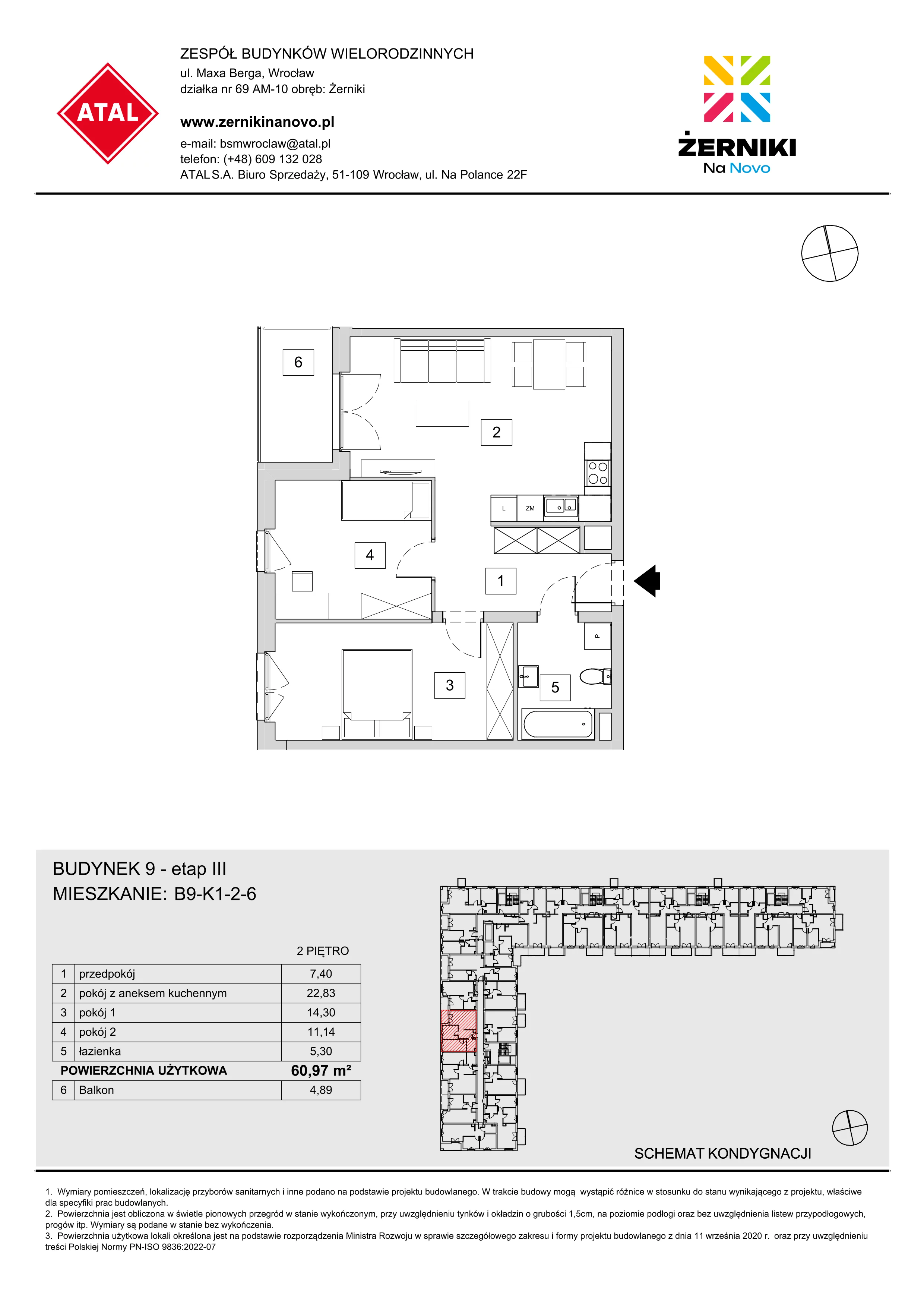 Mieszkanie 60,97 m², piętro 2, oferta nr B9-K1-2-6, Żerniki Na Novo III, Wrocław, Żerniki, ul. Maxa Berga