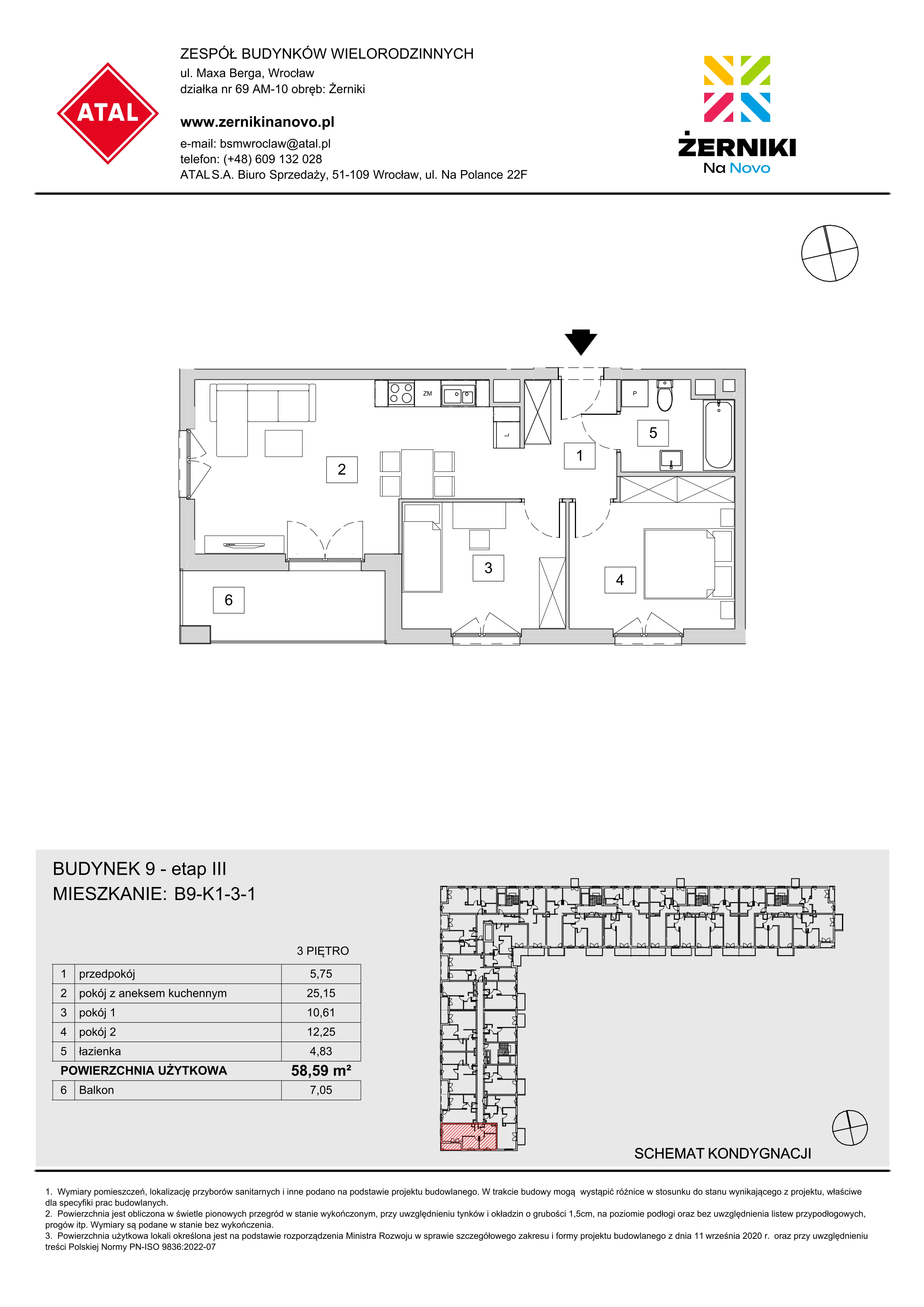 Mieszkanie 58,59 m², piętro 3, oferta nr B9-K1-3-1, Żerniki Na Novo III, Wrocław, Żerniki, ul. Maxa Berga