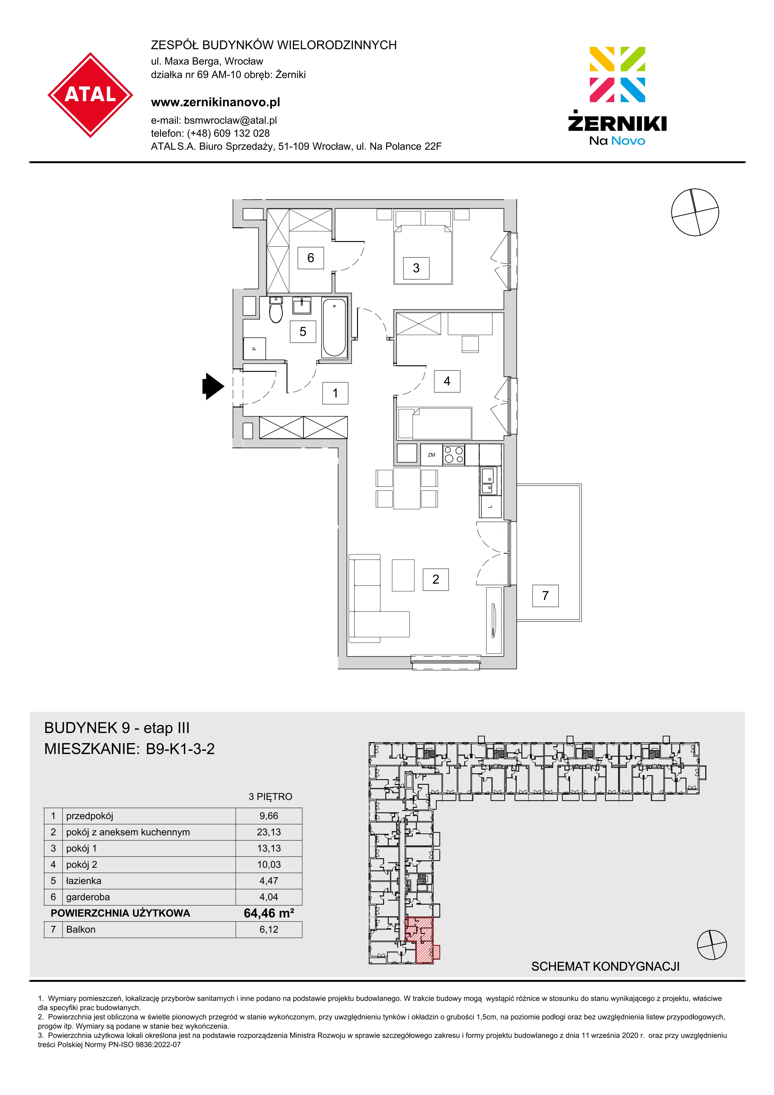 Mieszkanie 64,46 m², piętro 3, oferta nr B9-K1-3-2, Żerniki Na Novo III, Wrocław, Żerniki, ul. Maxa Berga