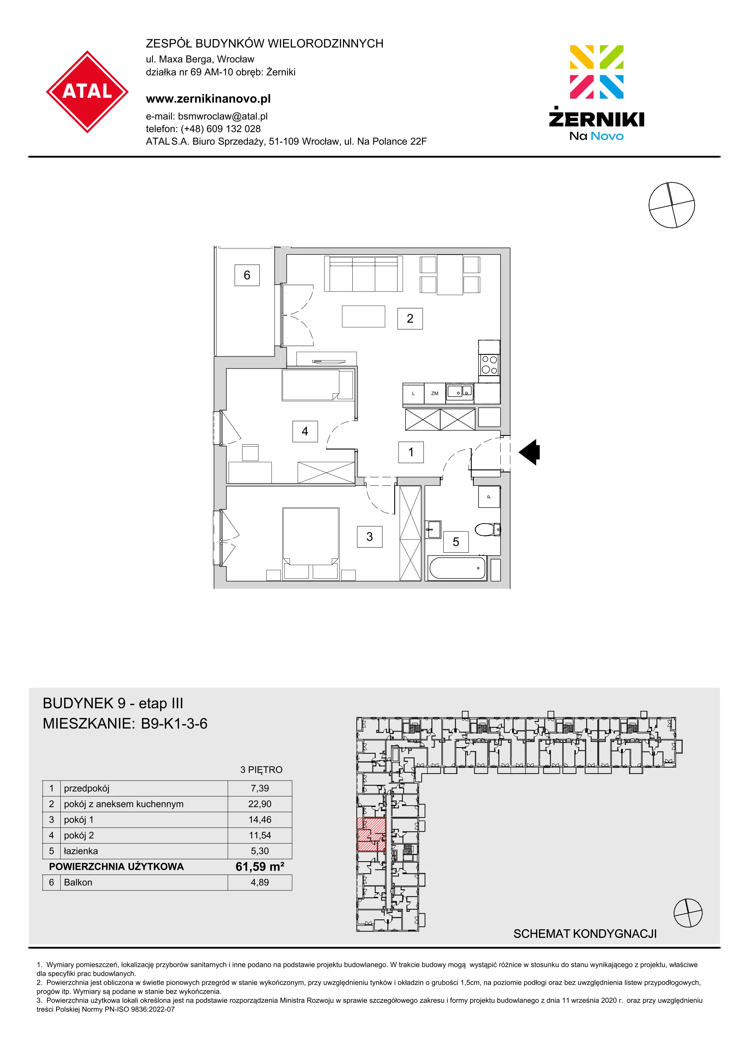 Mieszkanie 61,59 m², piętro 3, oferta nr B9-K1-3-6, Żerniki Na Novo III, Wrocław, Żerniki, ul. Maxa Berga