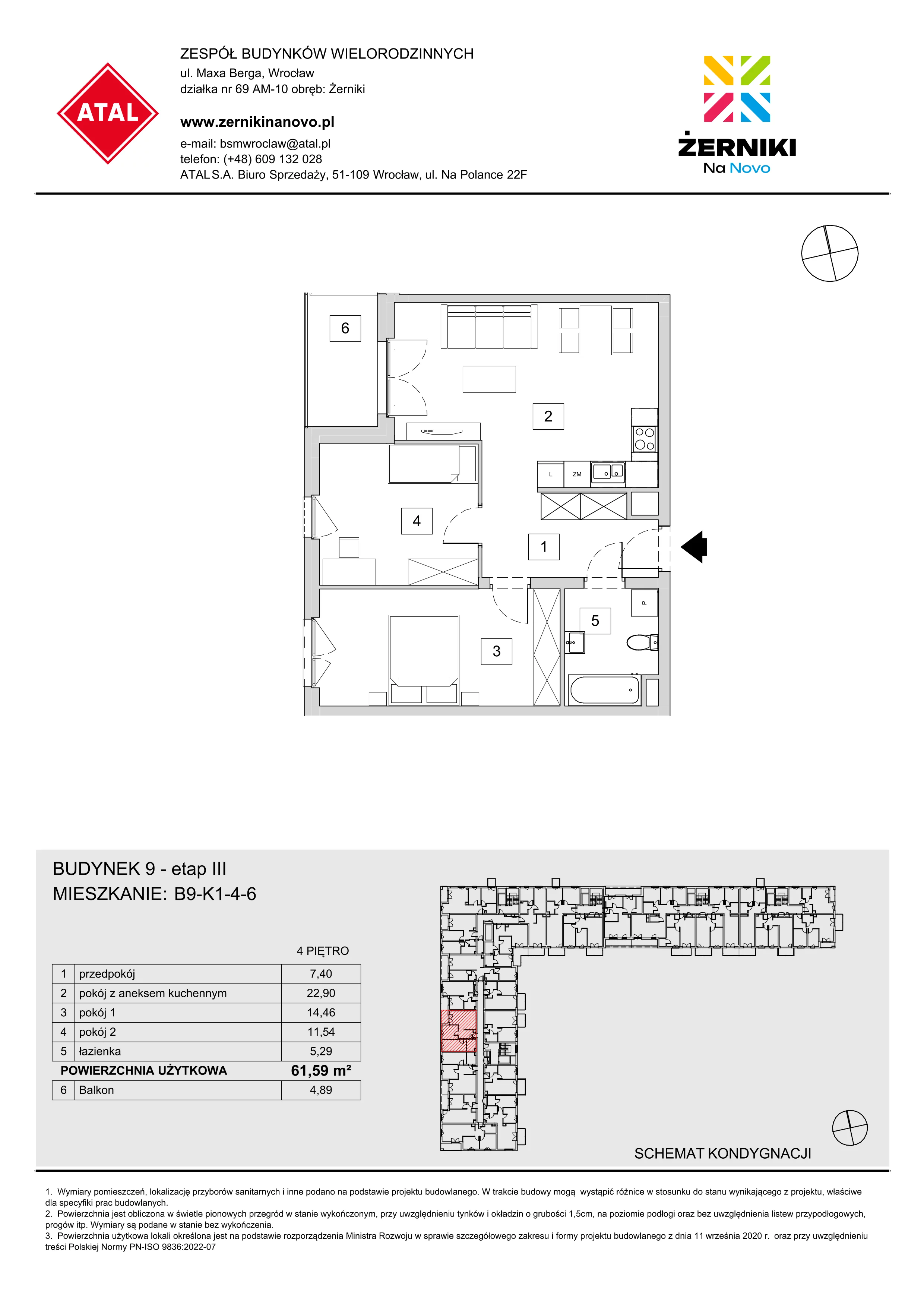 Mieszkanie 61,59 m², piętro 4, oferta nr B9-K1-4-6, Żerniki Na Novo III, Wrocław, Żerniki, ul. Maxa Berga