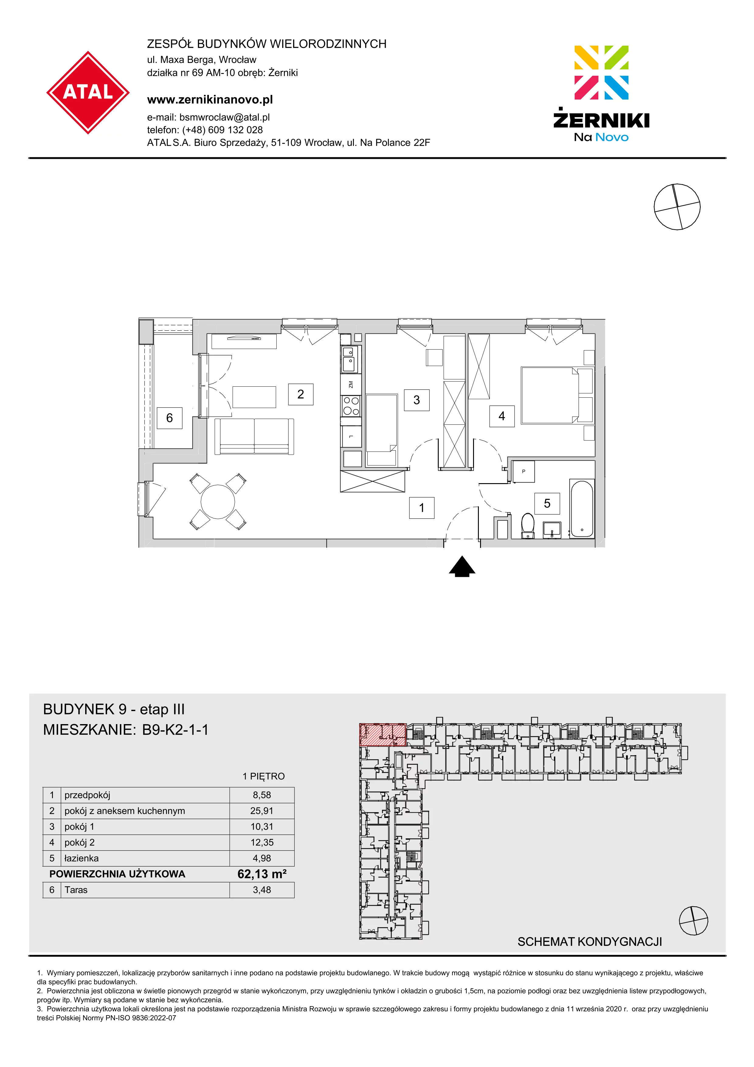 Mieszkanie 62,13 m², piętro 1, oferta nr B9-K2-1-1, Żerniki Na Novo III, Wrocław, Żerniki, ul. Maxa Berga