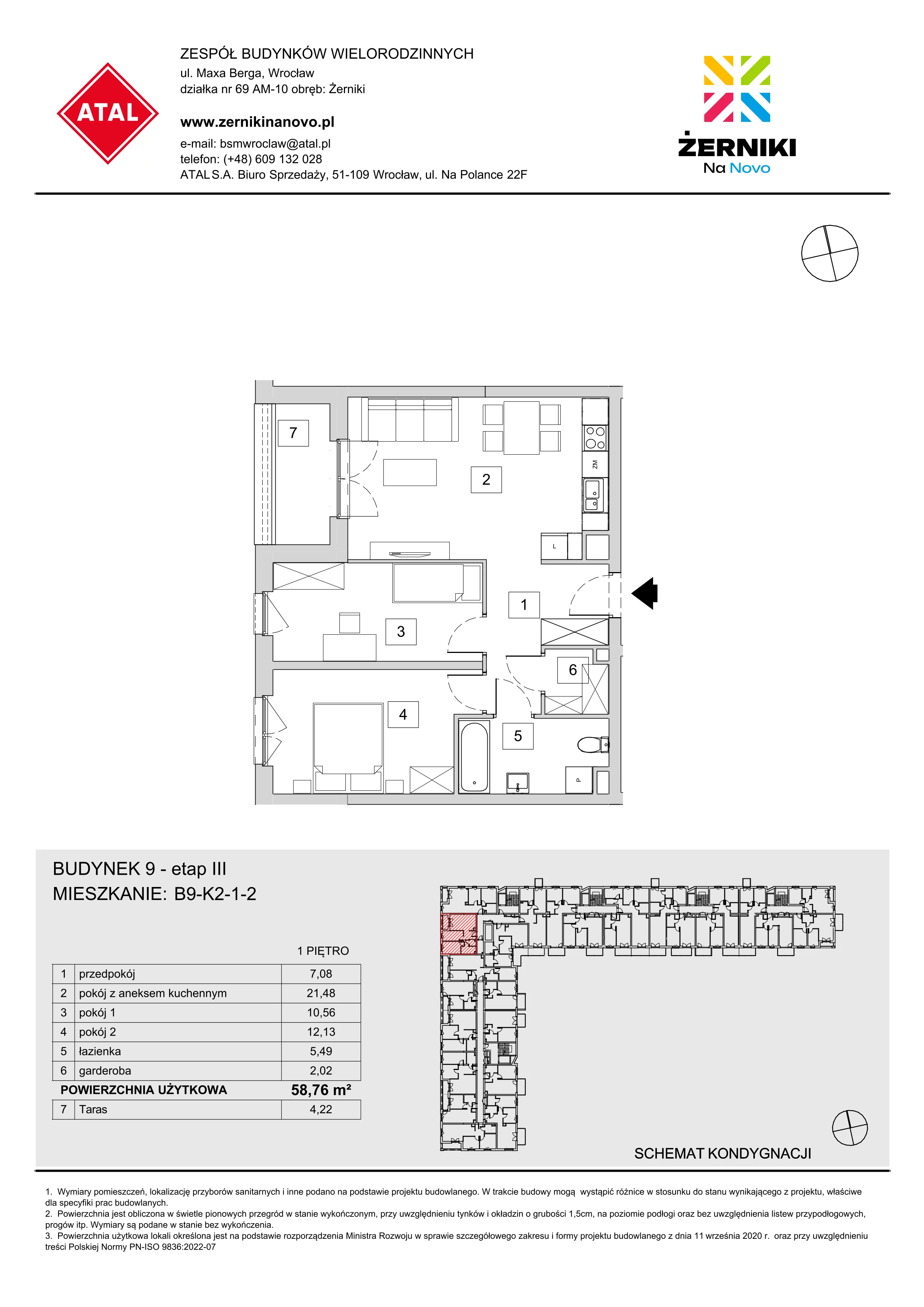 Mieszkanie 58,76 m², piętro 1, oferta nr B9-K2-1-2, Żerniki Na Novo III, Wrocław, Żerniki, ul. Maxa Berga