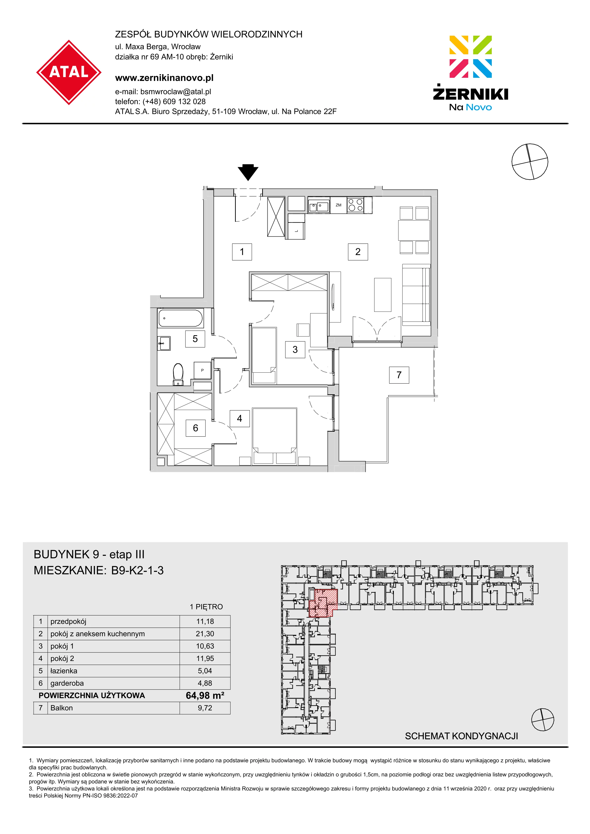 Mieszkanie 64,98 m², piętro 1, oferta nr B9-K2-1-3, Żerniki Na Novo III, Wrocław, Żerniki, ul. Maxa Berga