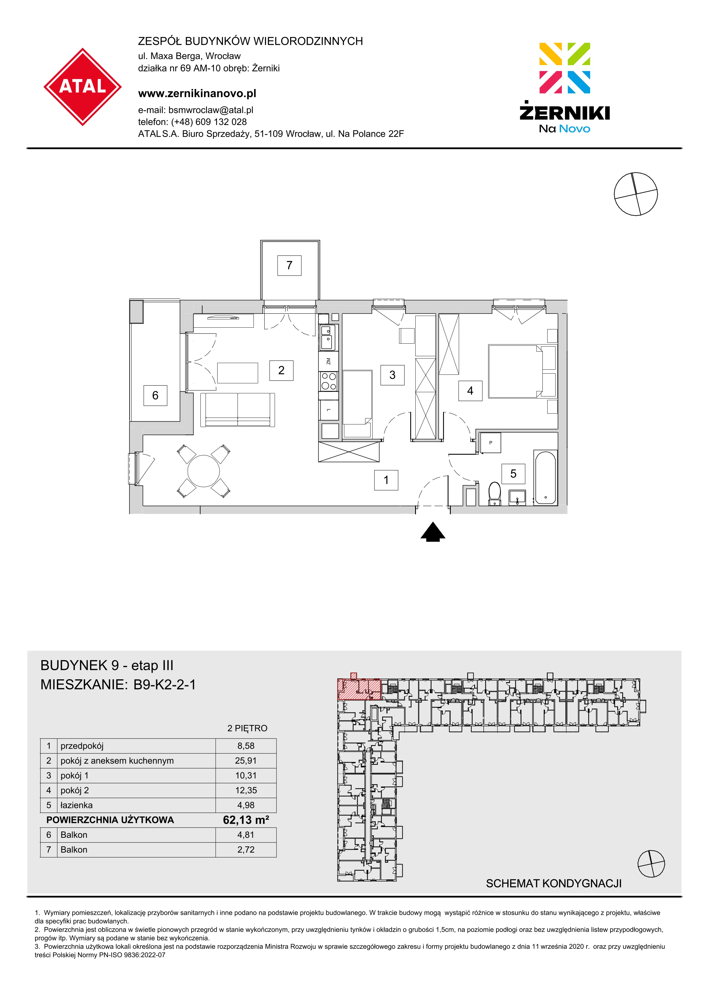 Mieszkanie 62,13 m², piętro 2, oferta nr B9-K2-2-1, Żerniki Na Novo III, Wrocław, Żerniki, ul. Maxa Berga