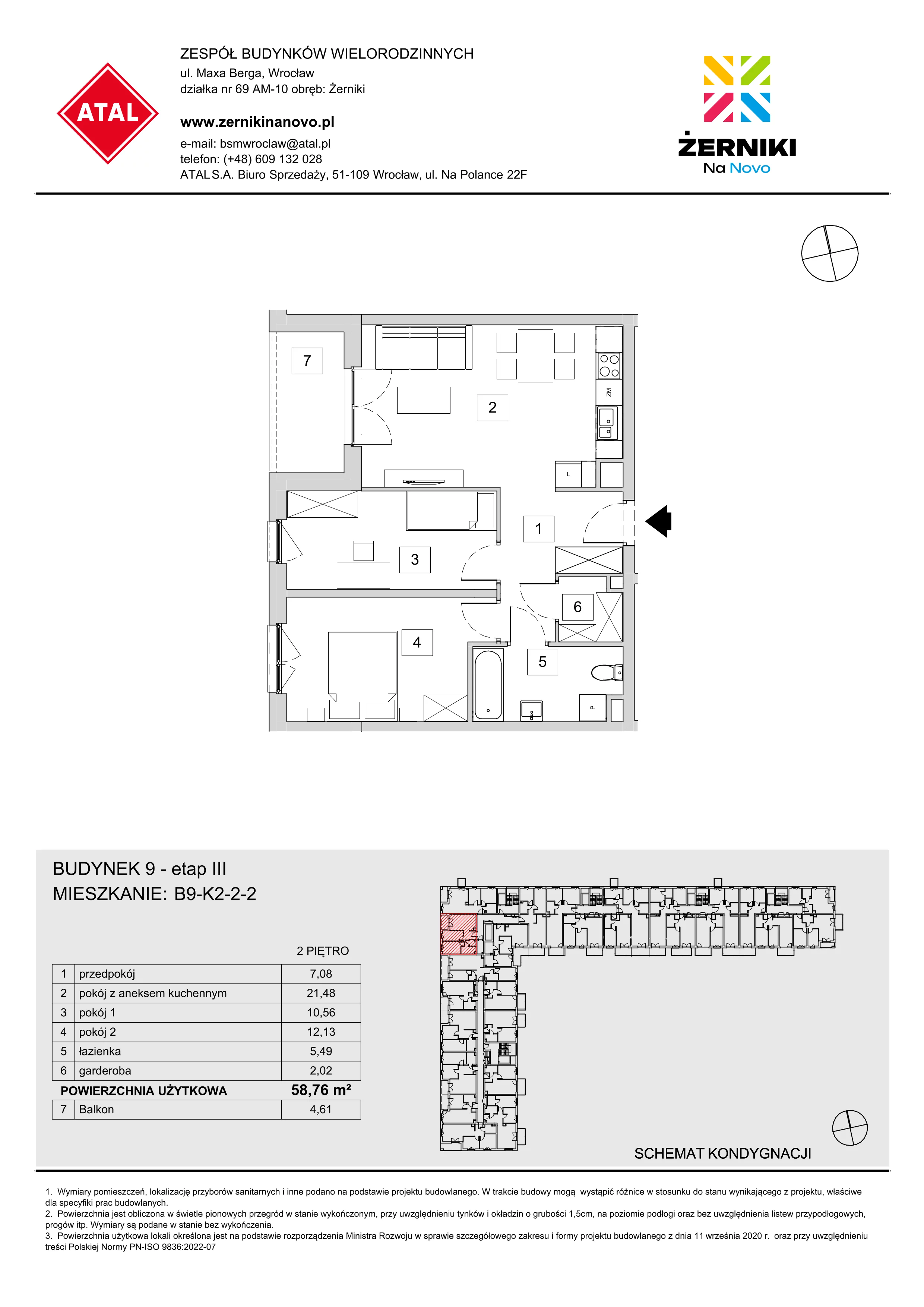 Mieszkanie 58,76 m², piętro 2, oferta nr B9-K2-2-2, Żerniki Na Novo III, Wrocław, Żerniki, ul. Maxa Berga