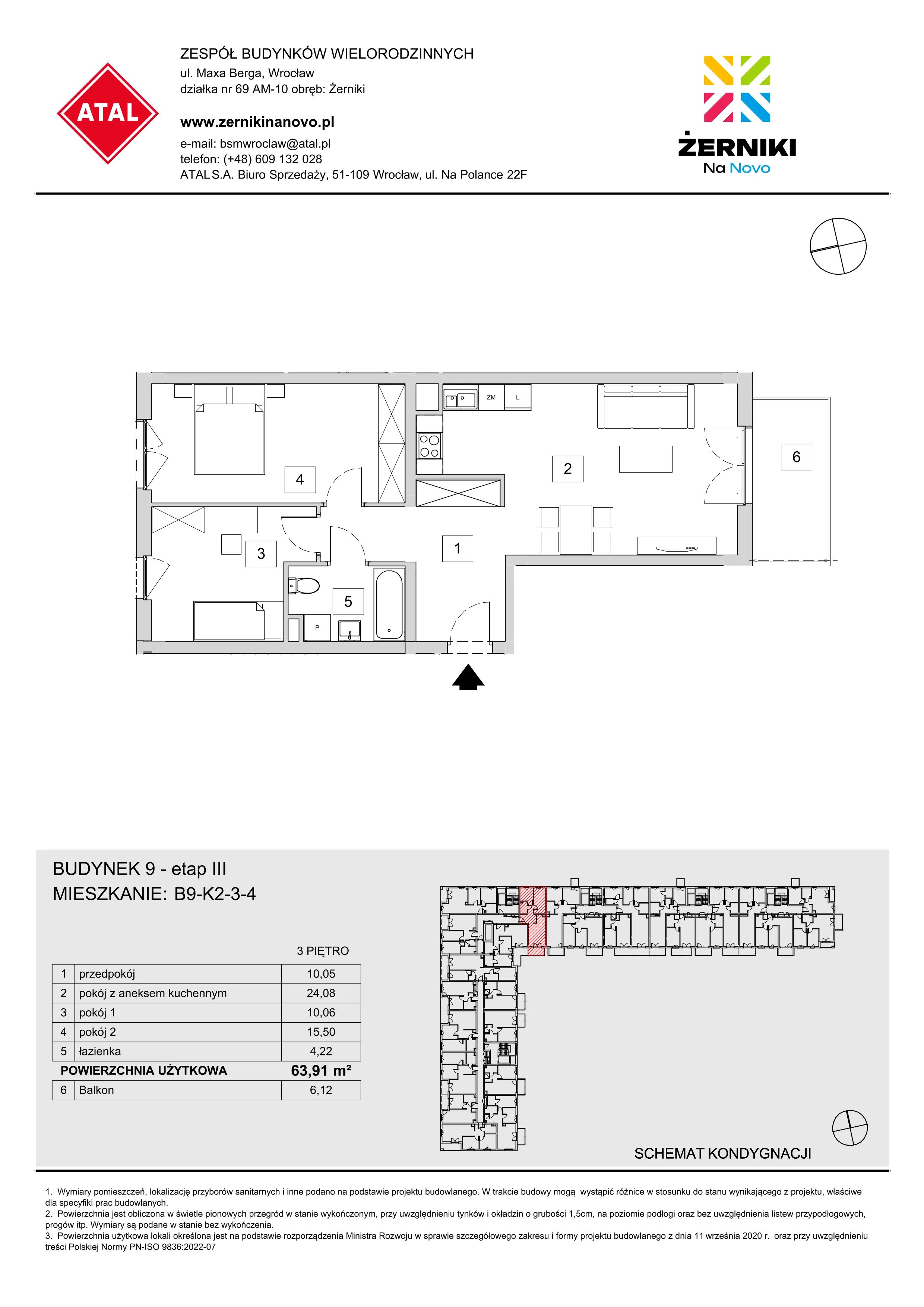 Mieszkanie 63,91 m², piętro 3, oferta nr B9-K2-3-4, Żerniki Na Novo III, Wrocław, Żerniki, ul. Maxa Berga