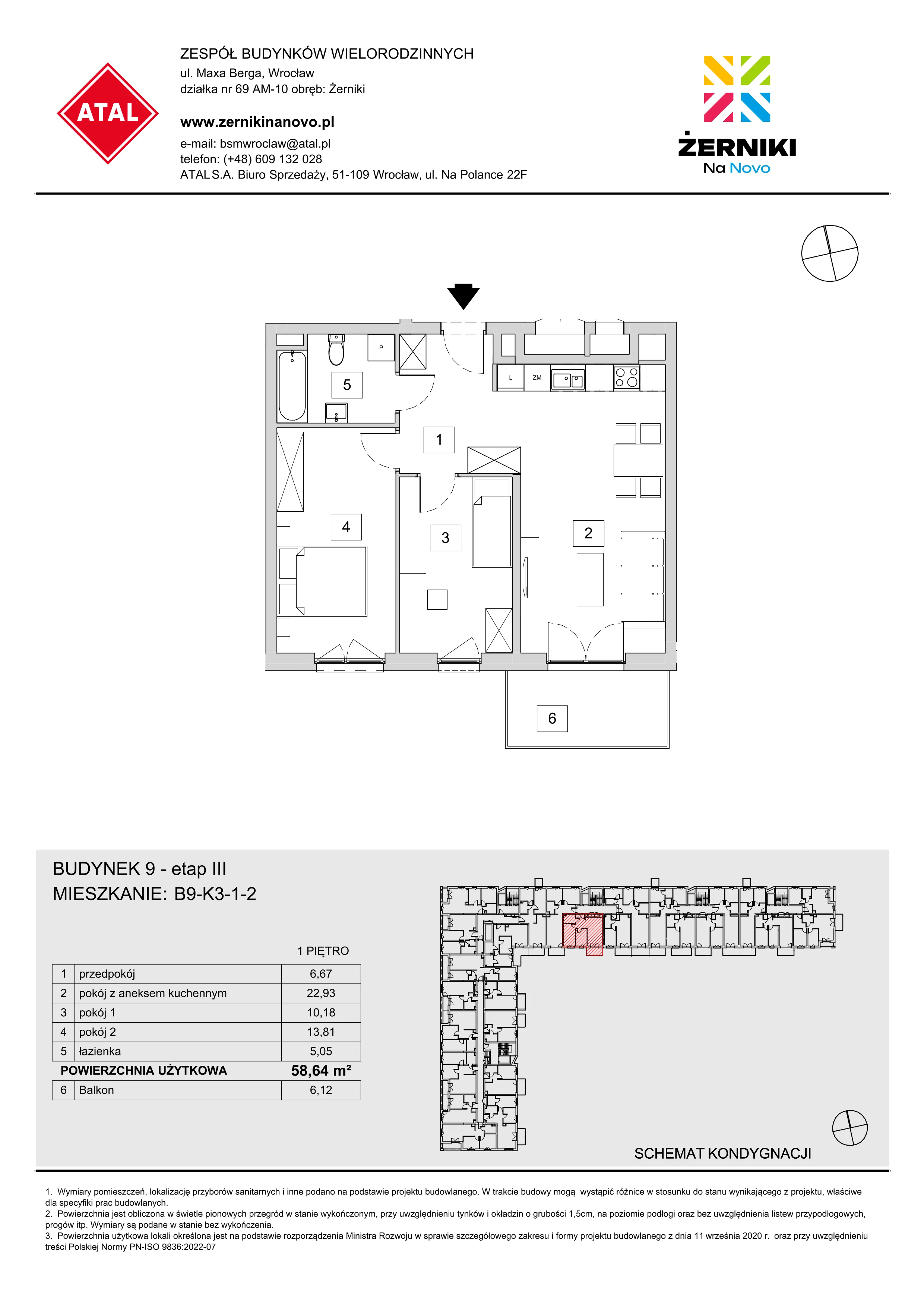 Mieszkanie 58,64 m², piętro 1, oferta nr B9-K3-1-2, Żerniki Na Novo III, Wrocław, Żerniki, ul. Maxa Berga