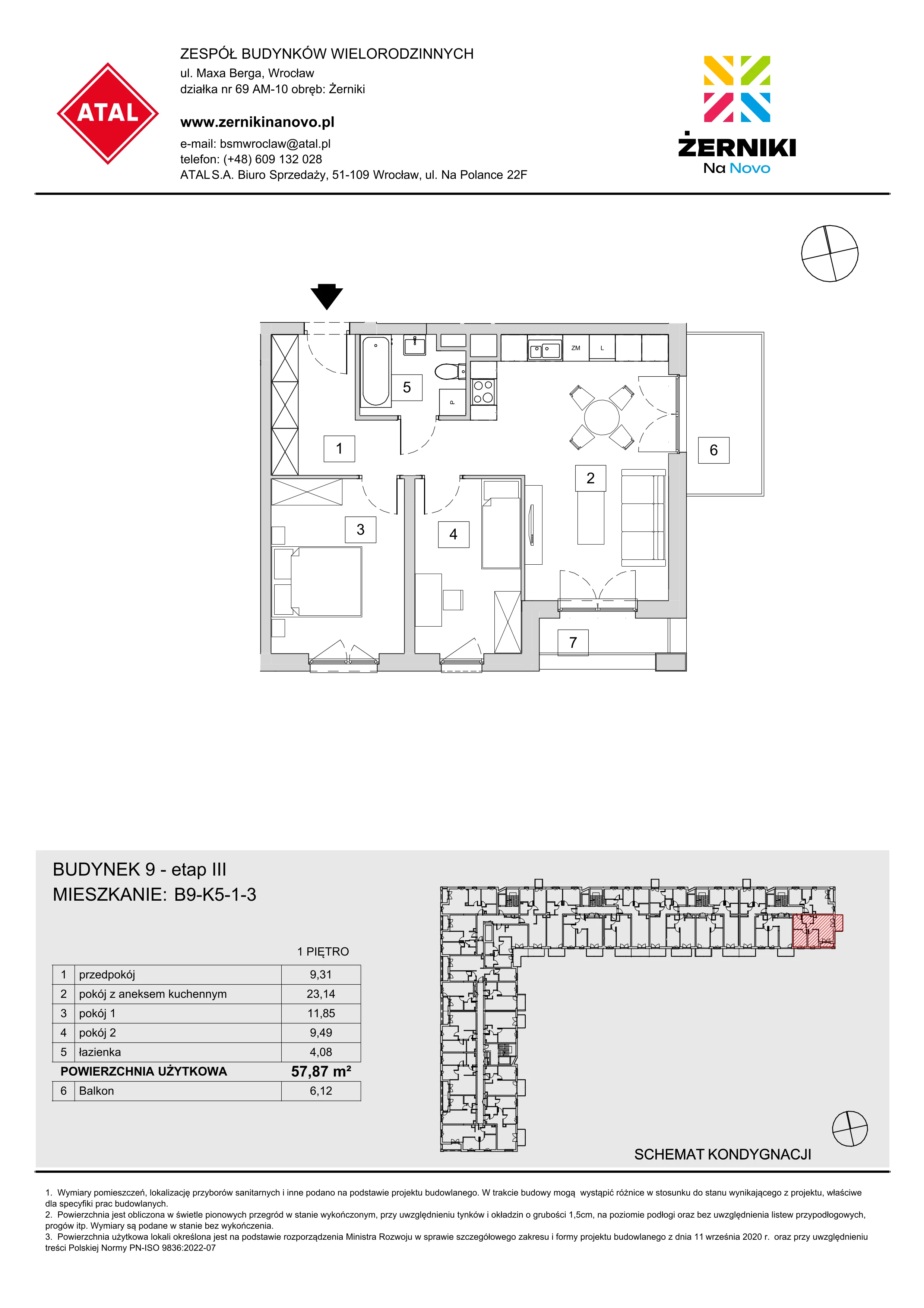 Mieszkanie 57,87 m², piętro 1, oferta nr B9-K5-1-3, Żerniki Na Novo III, Wrocław, Żerniki, ul. Maxa Berga