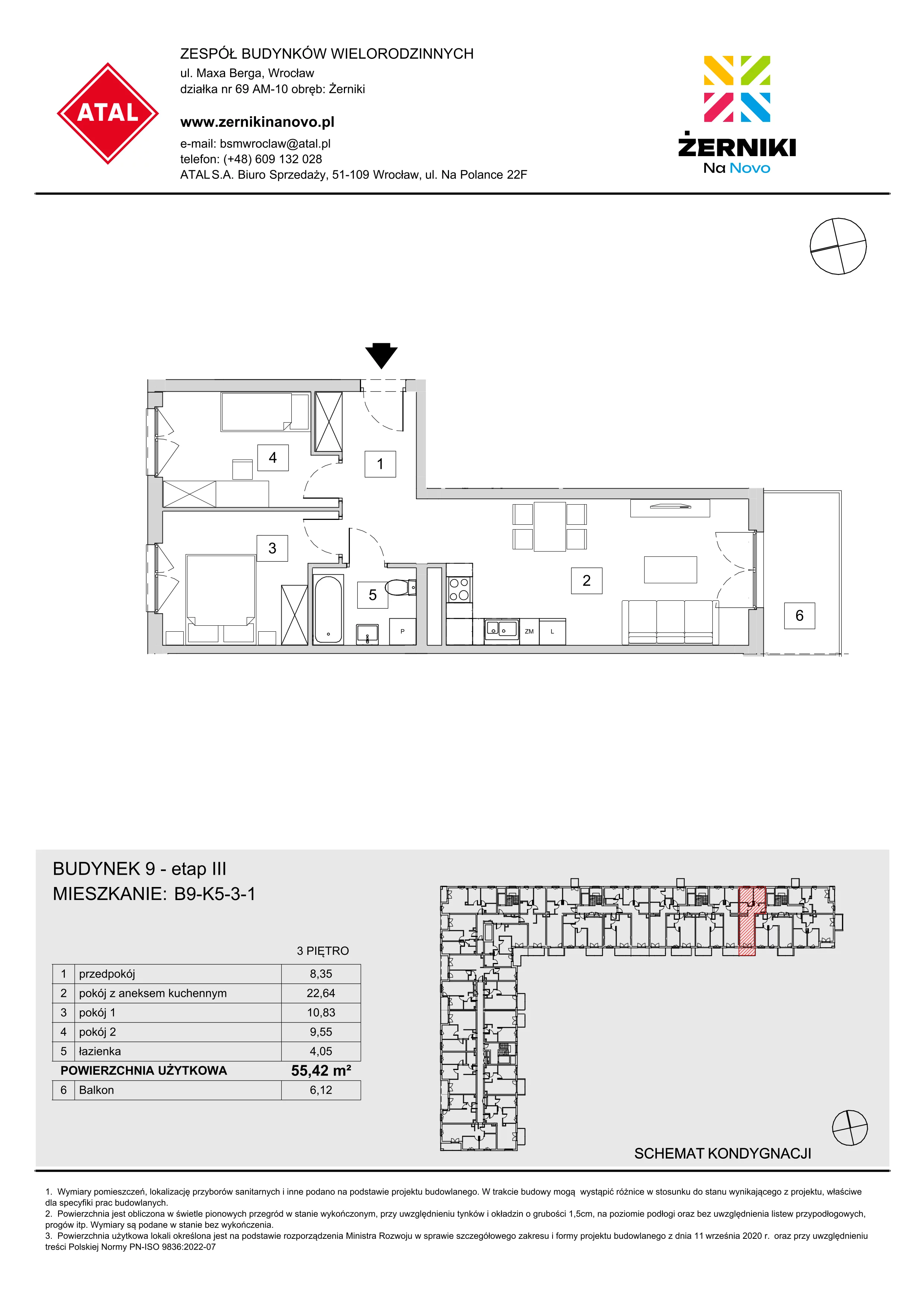 Mieszkanie 55,42 m², piętro 3, oferta nr B9-K5-3-1, Żerniki Na Novo III, Wrocław, Żerniki, ul. Maxa Berga