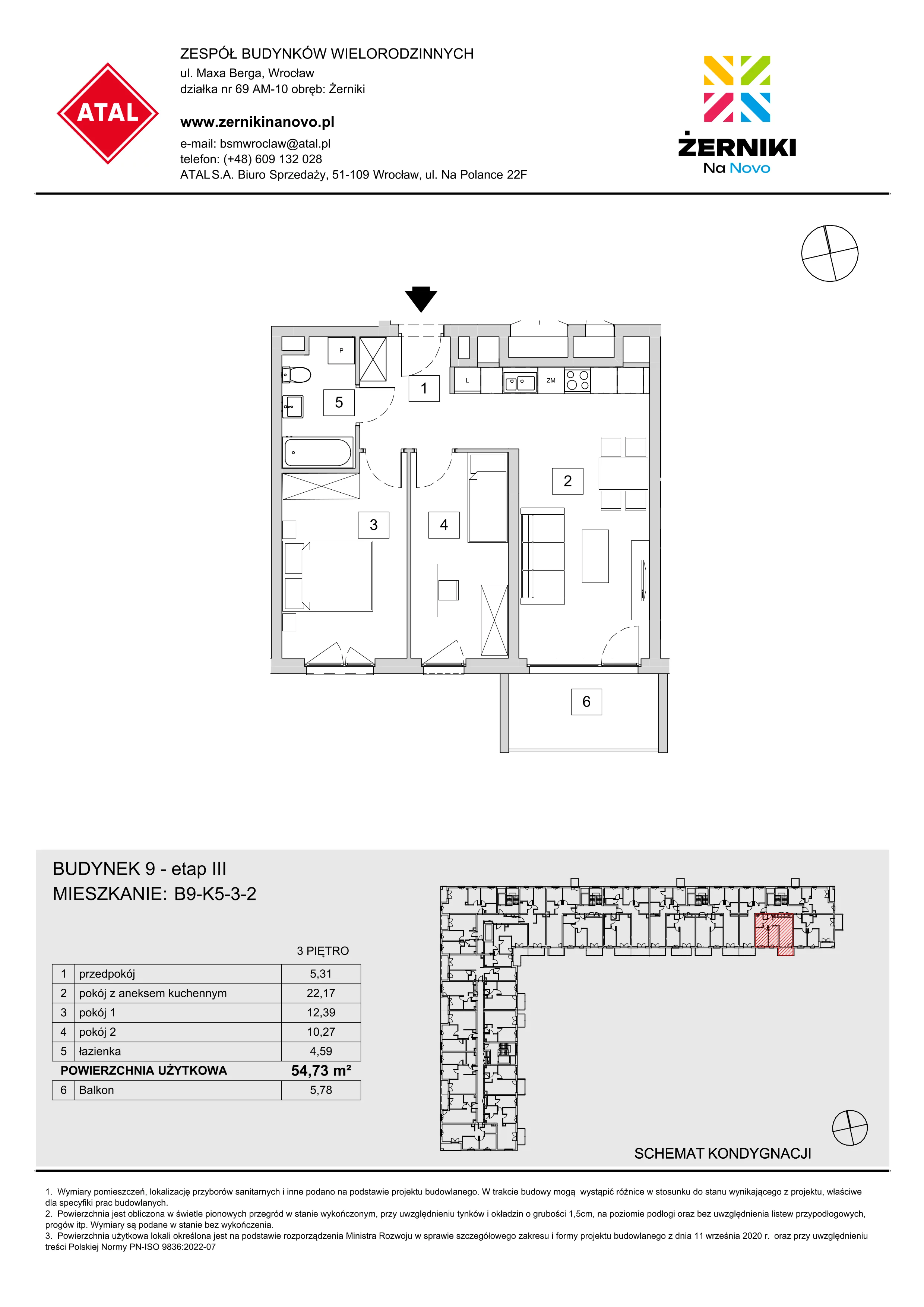 Mieszkanie 54,73 m², piętro 3, oferta nr B9-K5-3-2, Żerniki Na Novo III, Wrocław, Żerniki, ul. Maxa Berga