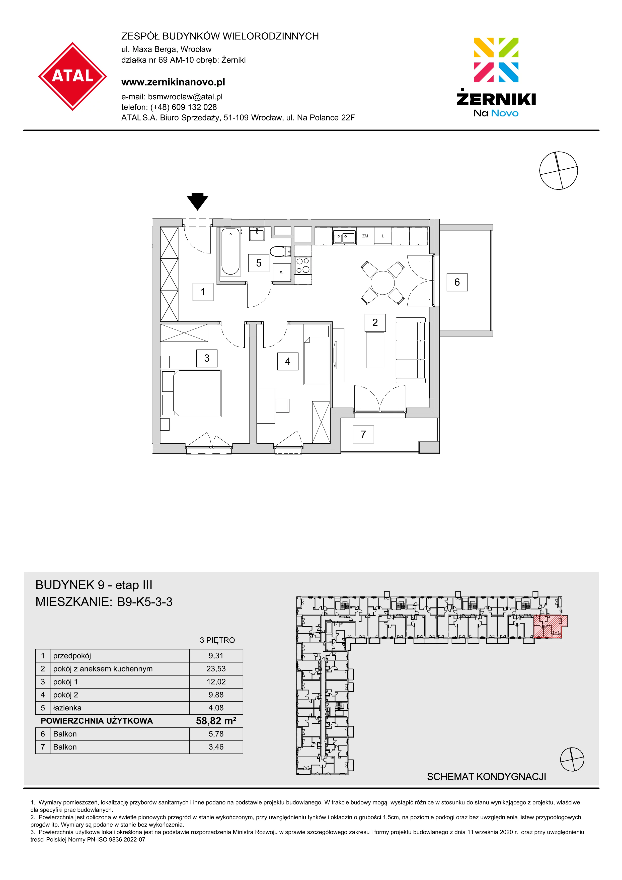 Mieszkanie 58,82 m², piętro 3, oferta nr B9-K5-3-3, Żerniki Na Novo III, Wrocław, Żerniki, ul. Maxa Berga