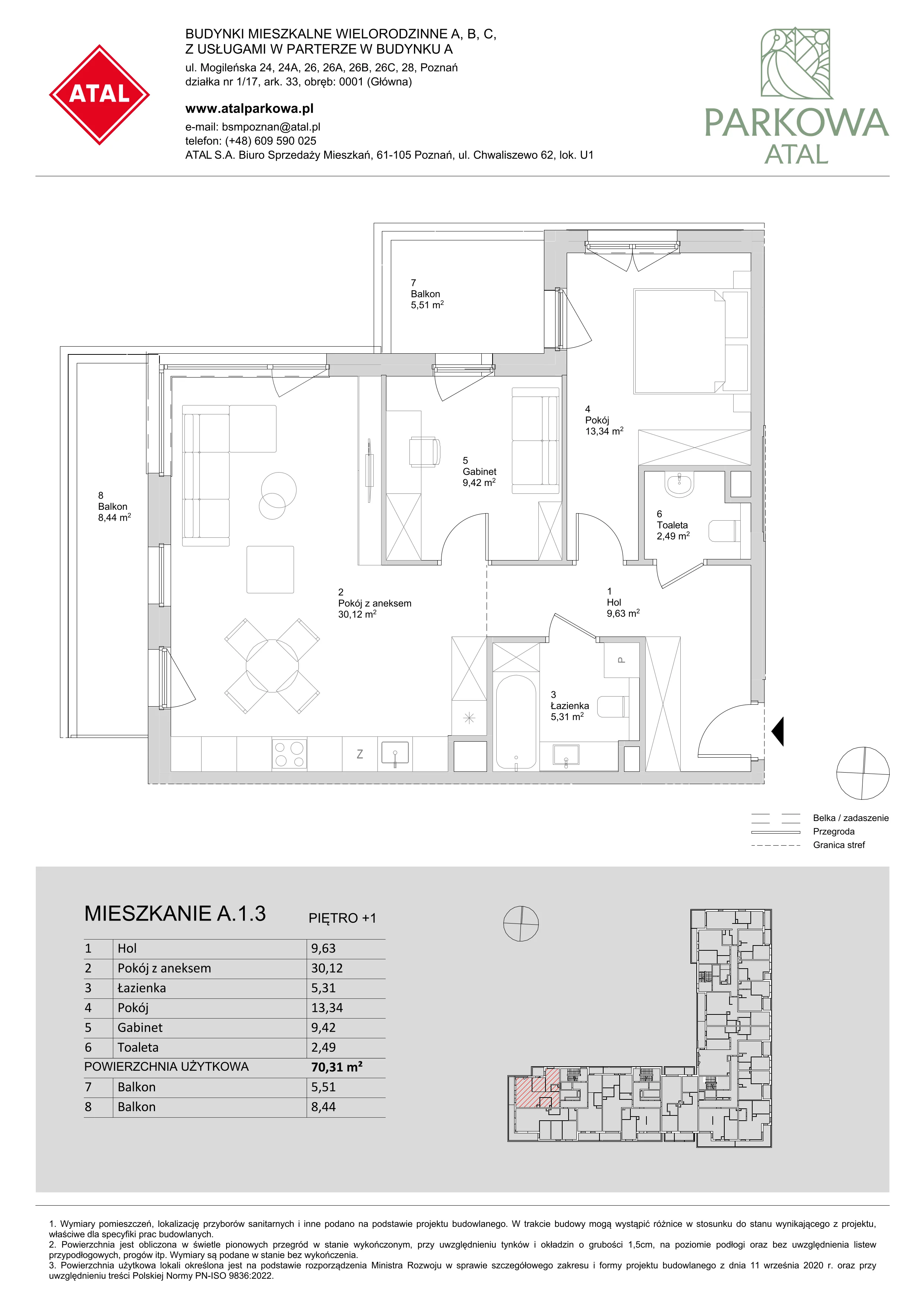 3 pokoje, mieszkanie 70,31 m², piętro 1, oferta nr A.1.3, ATAL Parkowa, Poznań, Nowe Miasto, Osiedle Warszawskie, ul. Mogileńska