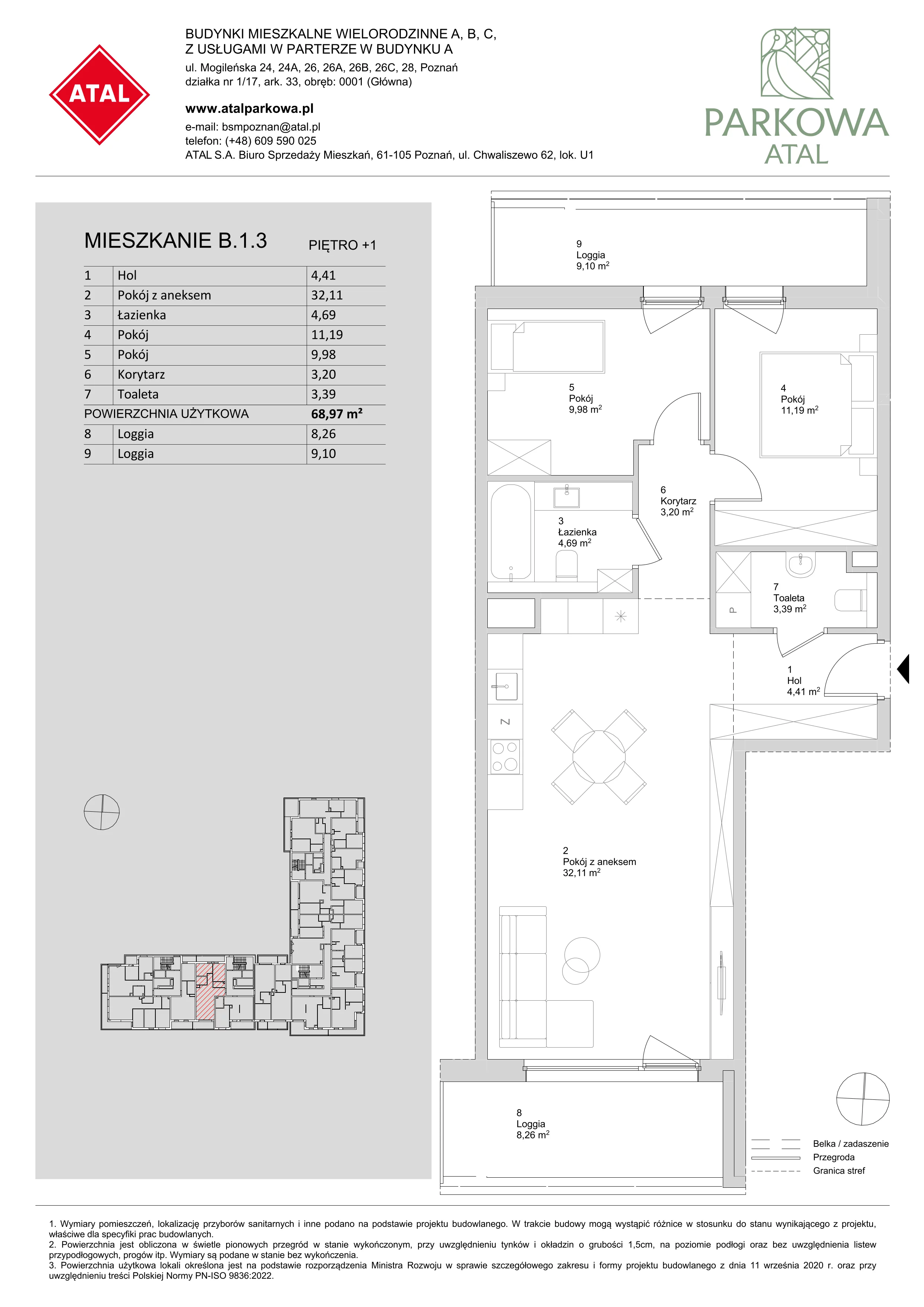 3 pokoje, mieszkanie 68,97 m², piętro 1, oferta nr B.1.3, ATAL Parkowa, Poznań, Nowe Miasto, Osiedle Warszawskie, ul. Mogileńska