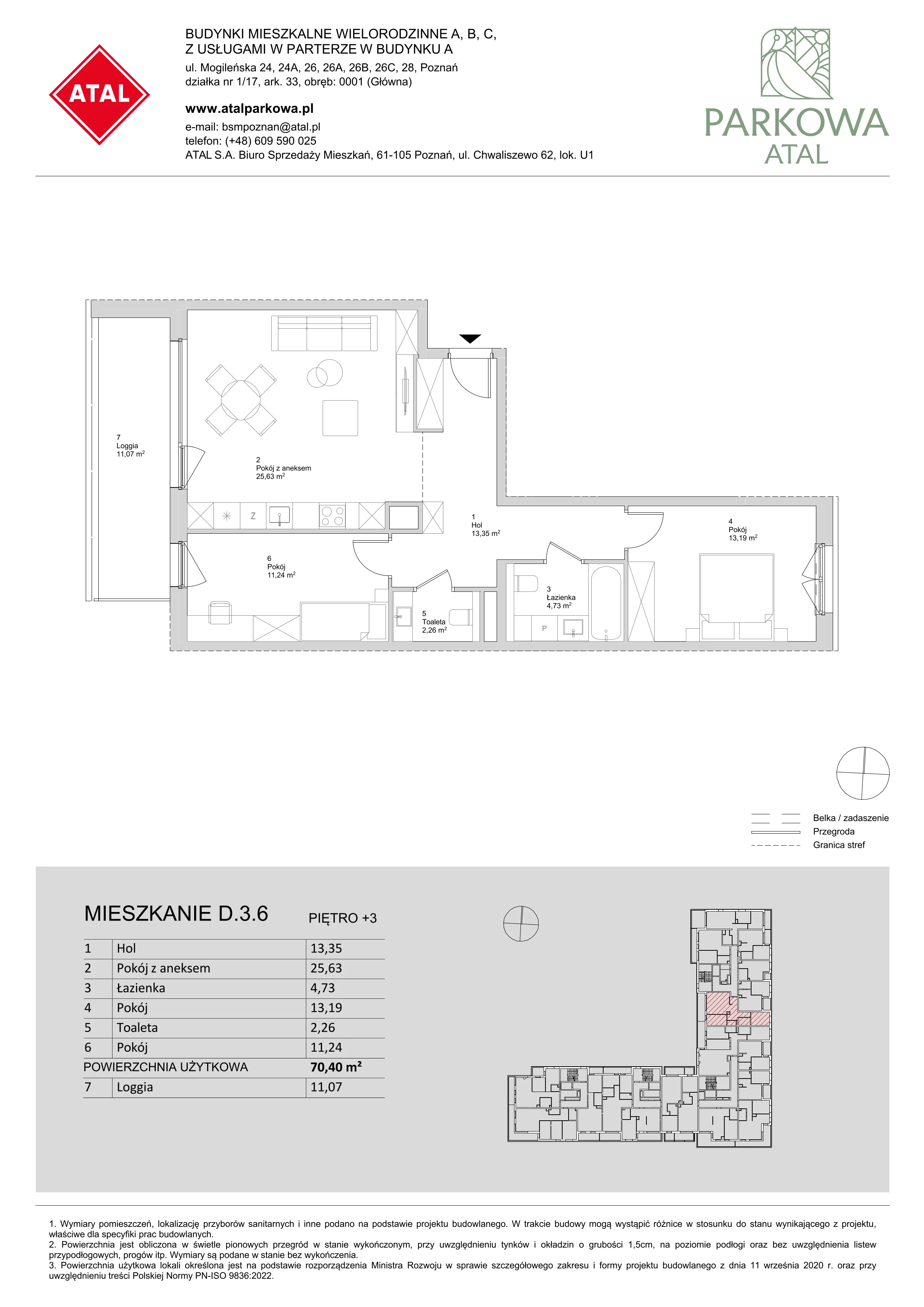 3 pokoje, mieszkanie 70,40 m², piętro 3, oferta nr D.3.6, ATAL Parkowa, Poznań, Nowe Miasto, Osiedle Warszawskie, ul. Mogileńska