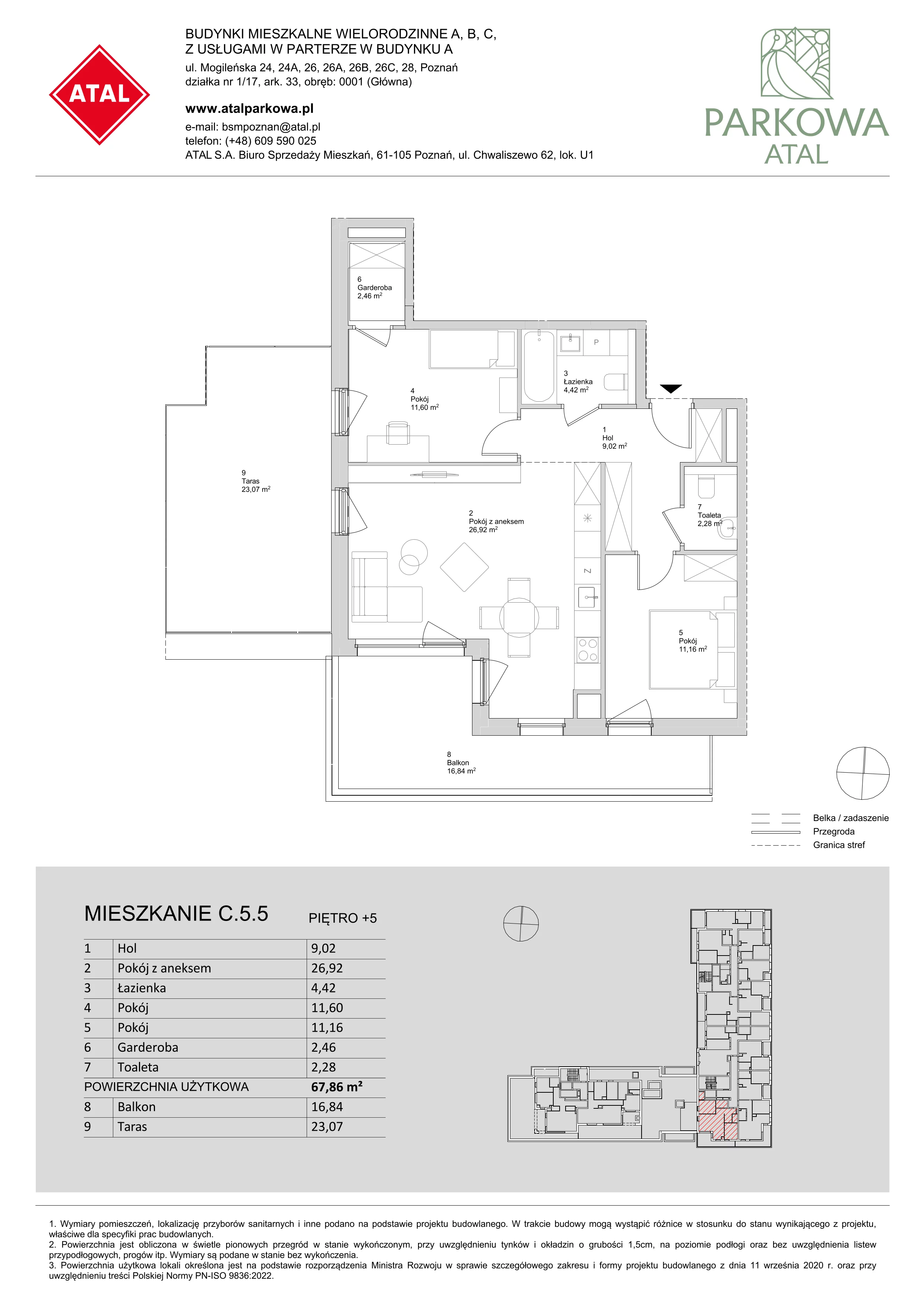 3 pokoje, mieszkanie 67,86 m², piętro 5, oferta nr C.5.5, ATAL Parkowa, Poznań, Nowe Miasto, Osiedle Warszawskie, ul. Mogileńska