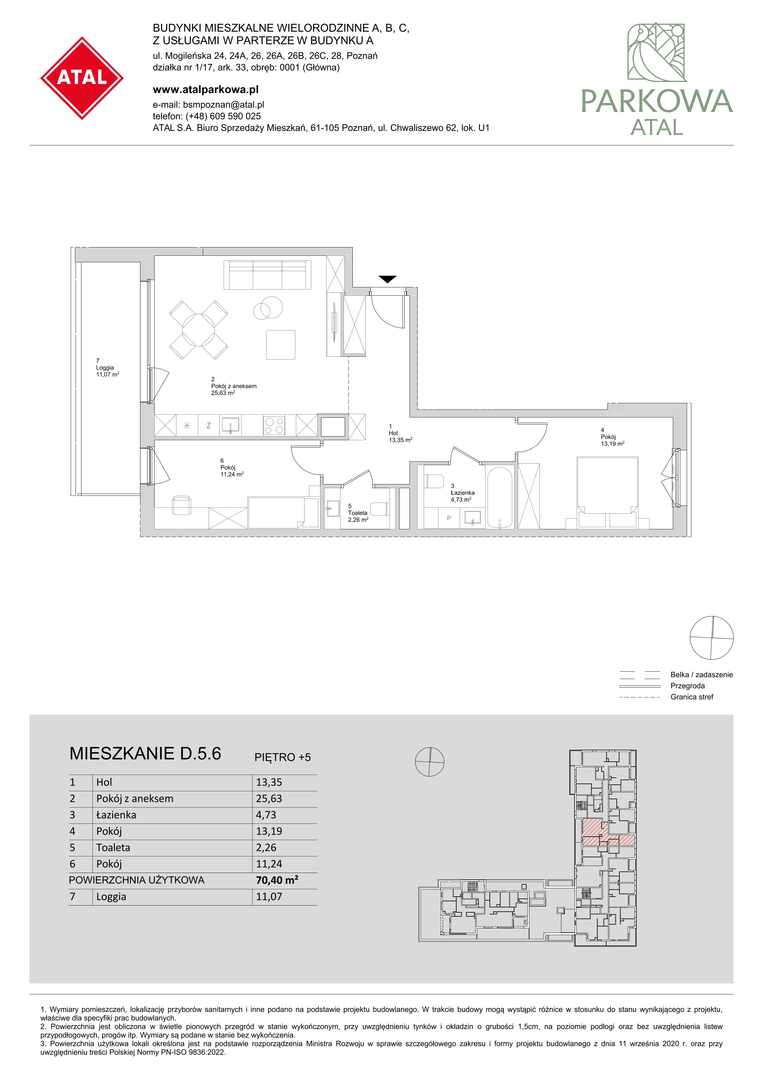 3 pokoje, mieszkanie 70,40 m², piętro 5, oferta nr D.5.6, ATAL Parkowa, Poznań, Nowe Miasto, Osiedle Warszawskie, ul. Mogileńska
