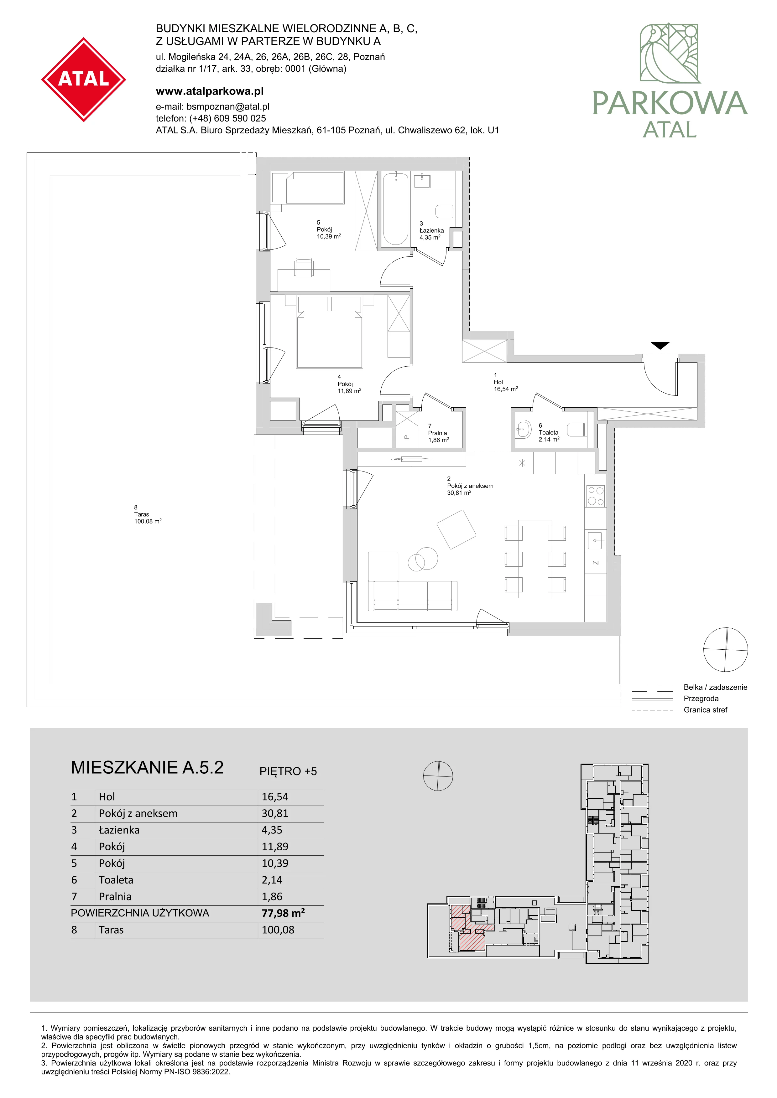 3 pokoje, mieszkanie 77,98 m², piętro 5, oferta nr A.5.2, ATAL Parkowa, Poznań, Nowe Miasto, Osiedle Warszawskie, ul. Mogileńska