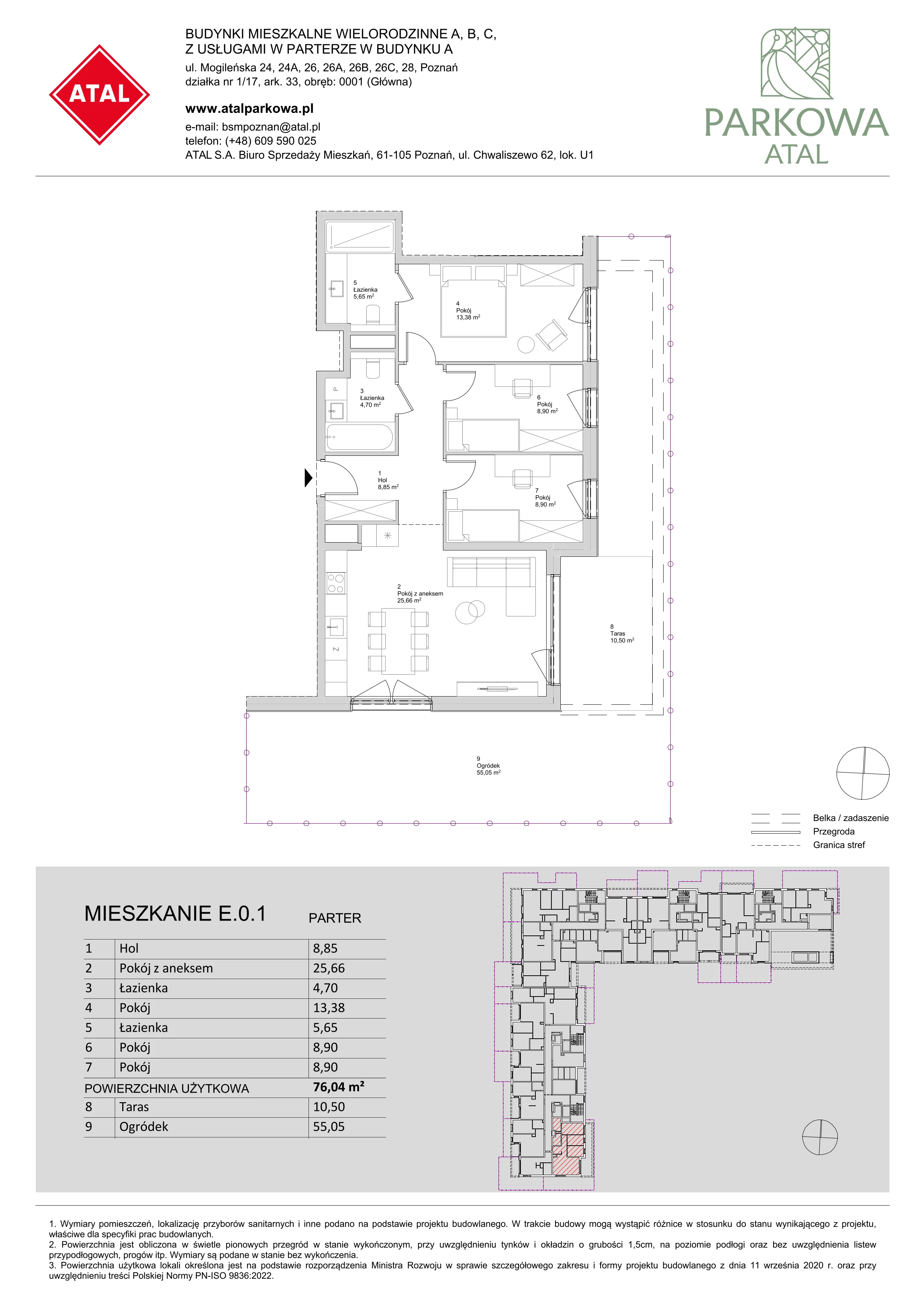 3 pokoje, mieszkanie 76,04 m², parter, oferta nr E.0.1, ATAL Parkowa, Poznań, Nowe Miasto, Osiedle Warszawskie, ul. Mogileńska