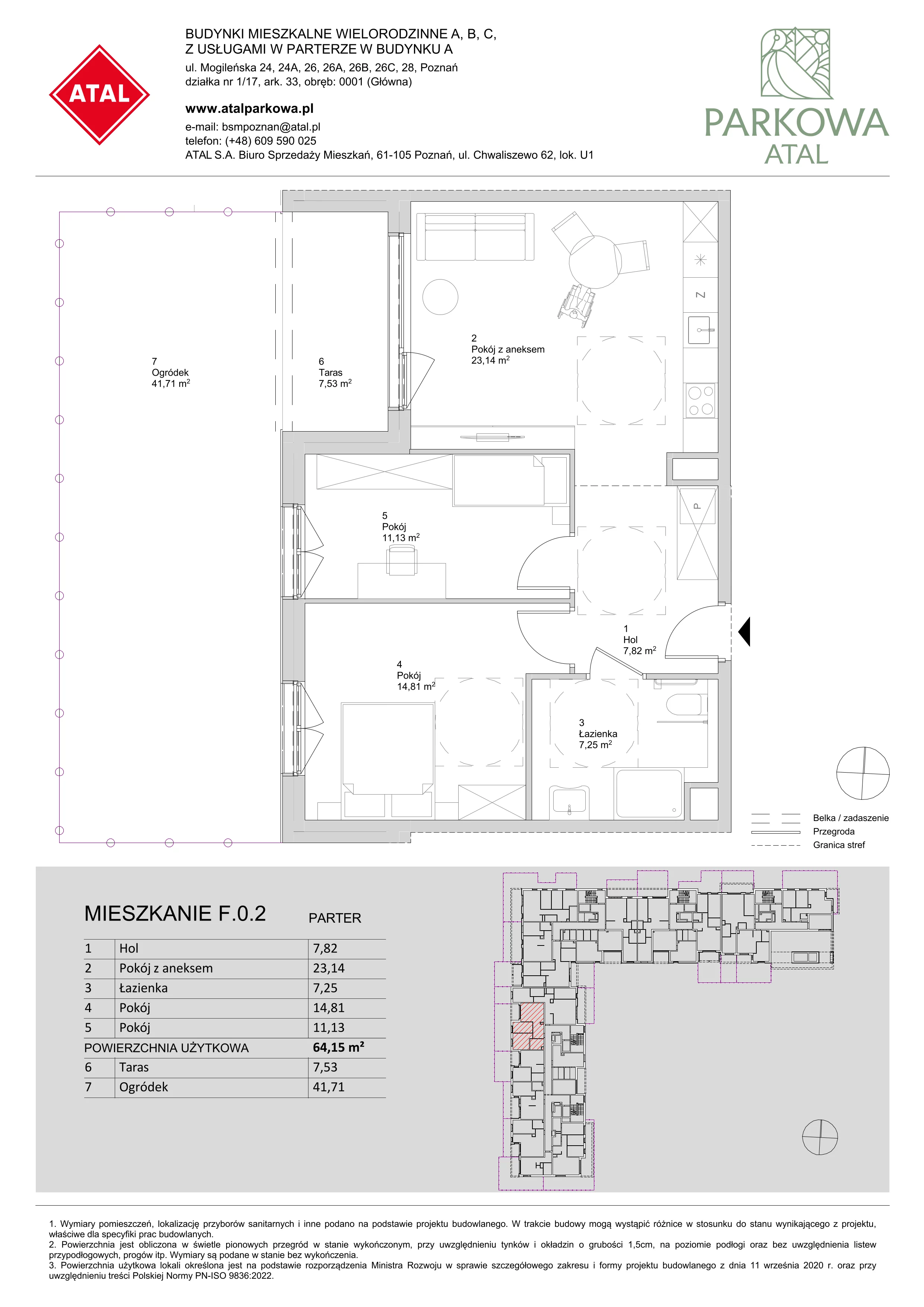 3 pokoje, mieszkanie 64,15 m², parter, oferta nr F.0.2, ATAL Parkowa, Poznań, Nowe Miasto, Osiedle Warszawskie, ul. Mogileńska