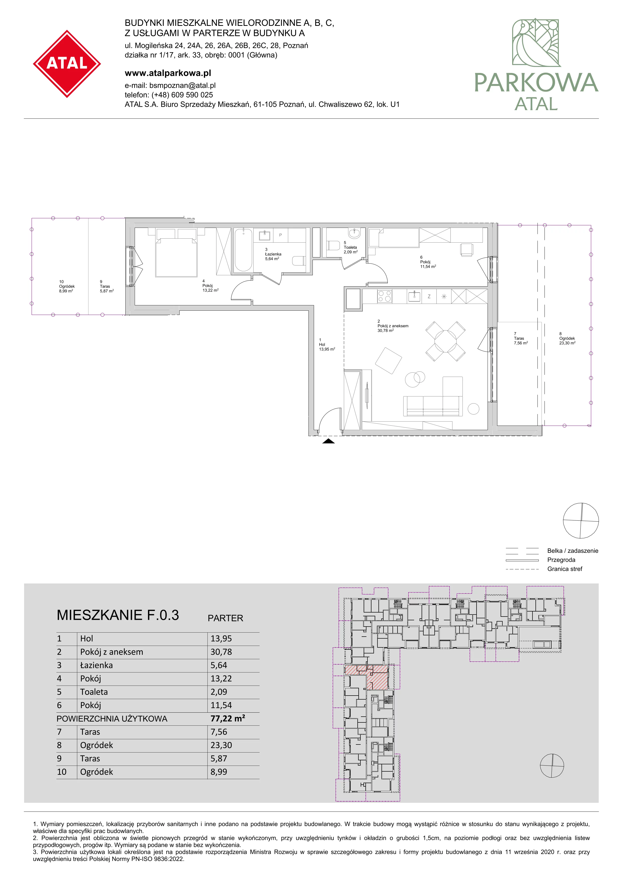 3 pokoje, mieszkanie 77,22 m², parter, oferta nr F.0.3, ATAL Parkowa, Poznań, Nowe Miasto, Osiedle Warszawskie, ul. Mogileńska