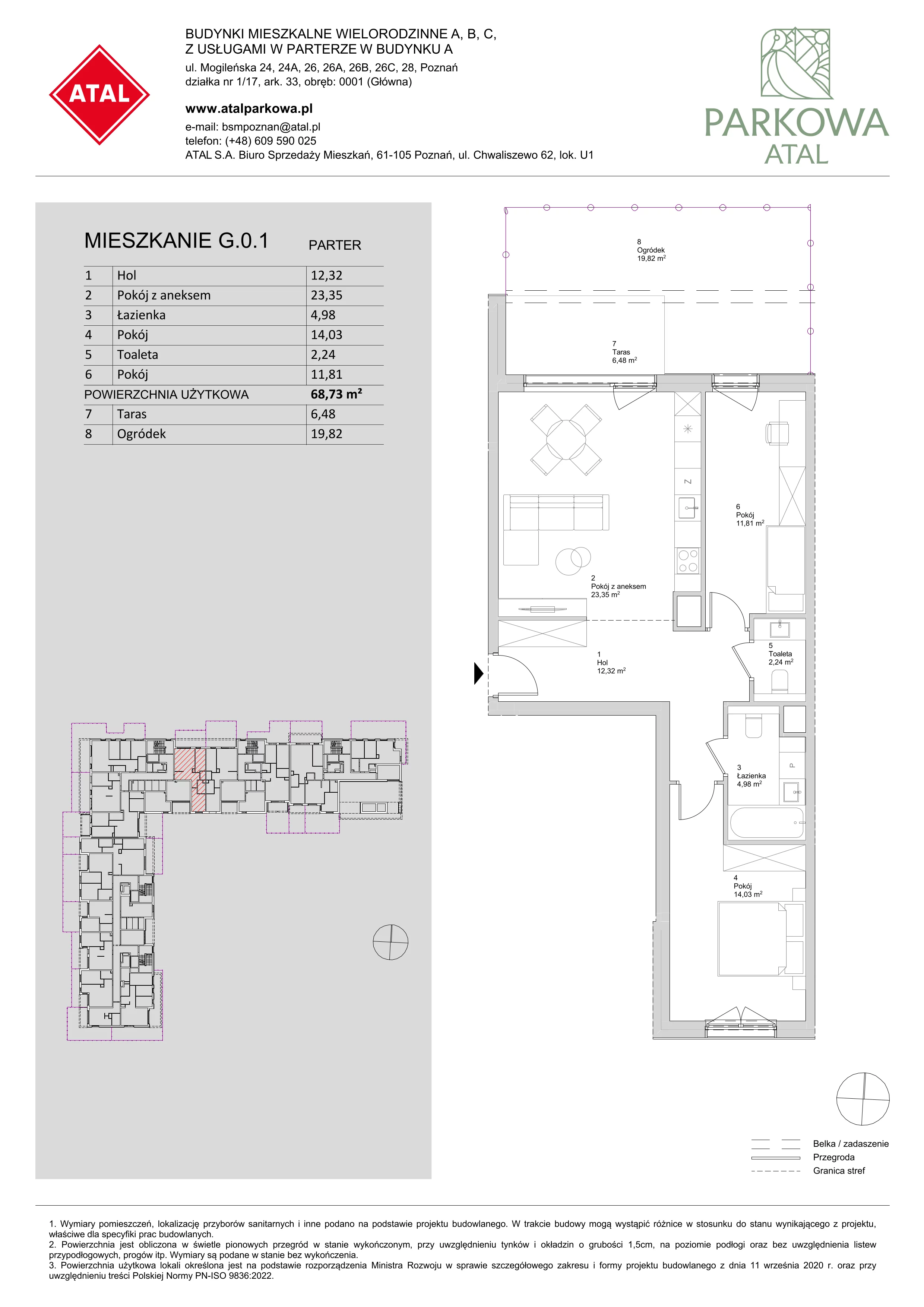 3 pokoje, mieszkanie 68,73 m², parter, oferta nr G.0.1, ATAL Parkowa, Poznań, Nowe Miasto, Osiedle Warszawskie, ul. Mogileńska