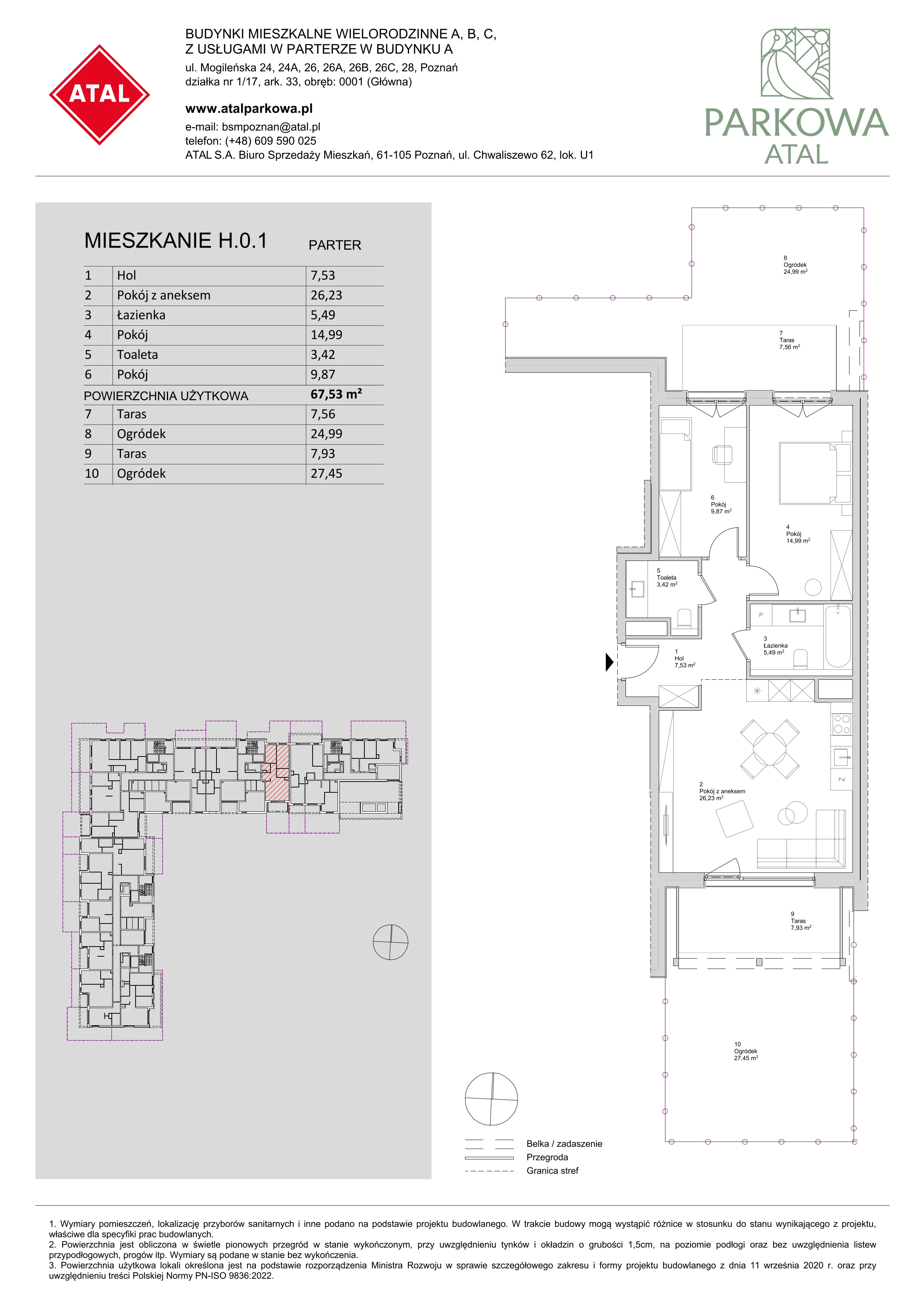 3 pokoje, mieszkanie 67,53 m², parter, oferta nr H.0.1, ATAL Parkowa, Poznań, Nowe Miasto, Osiedle Warszawskie, ul. Mogileńska