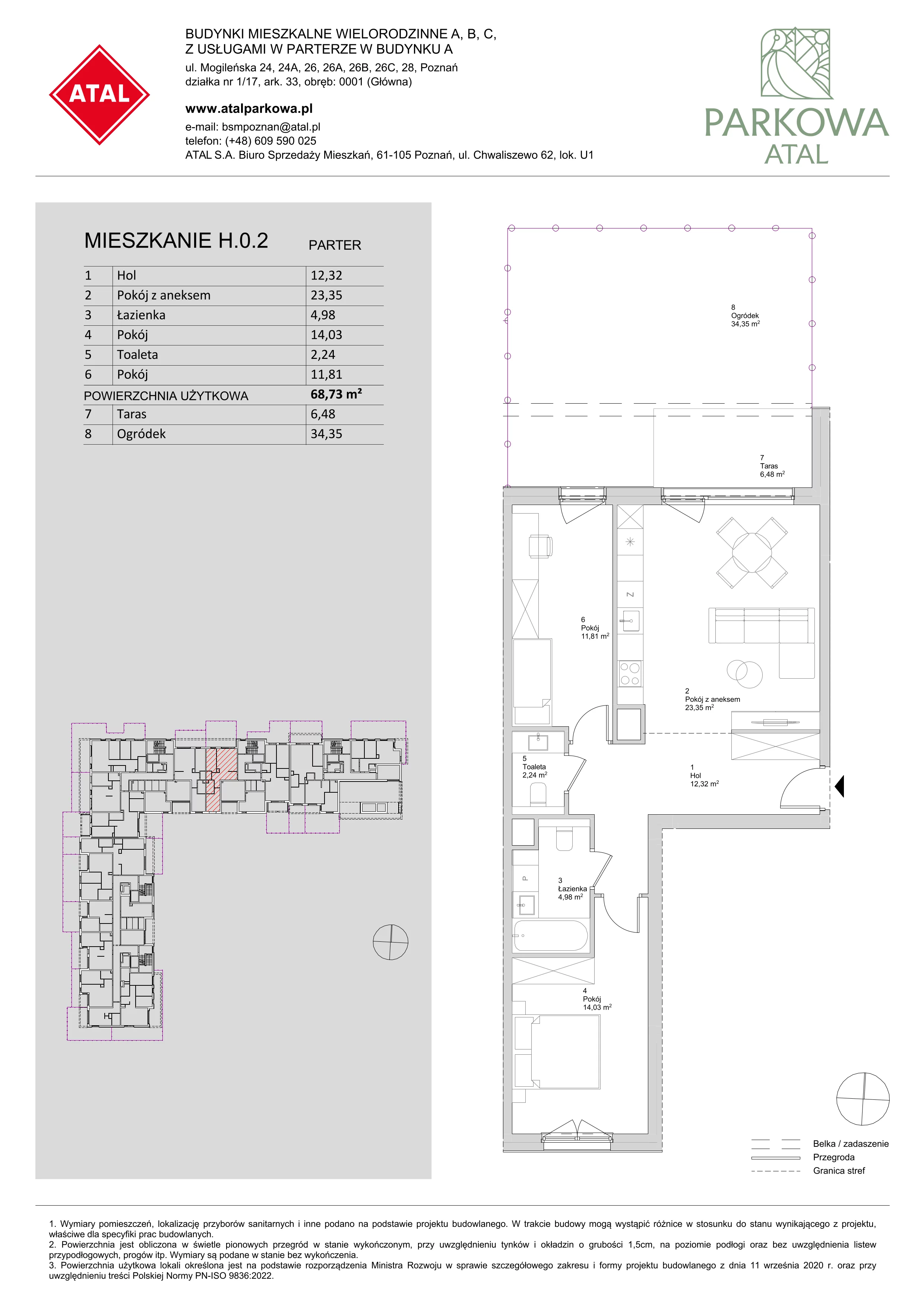3 pokoje, mieszkanie 68,73 m², parter, oferta nr H.0.2, ATAL Parkowa, Poznań, Nowe Miasto, Osiedle Warszawskie, ul. Mogileńska