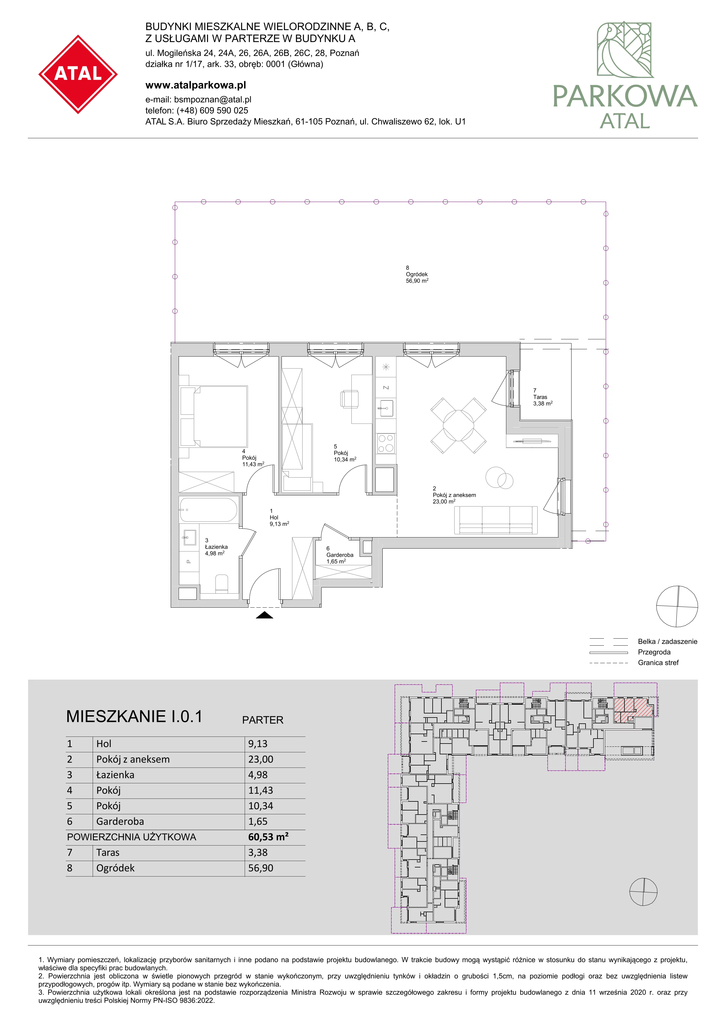 3 pokoje, mieszkanie 60,53 m², parter, oferta nr I.0.1, ATAL Parkowa, Poznań, Nowe Miasto, Osiedle Warszawskie, ul. Mogileńska