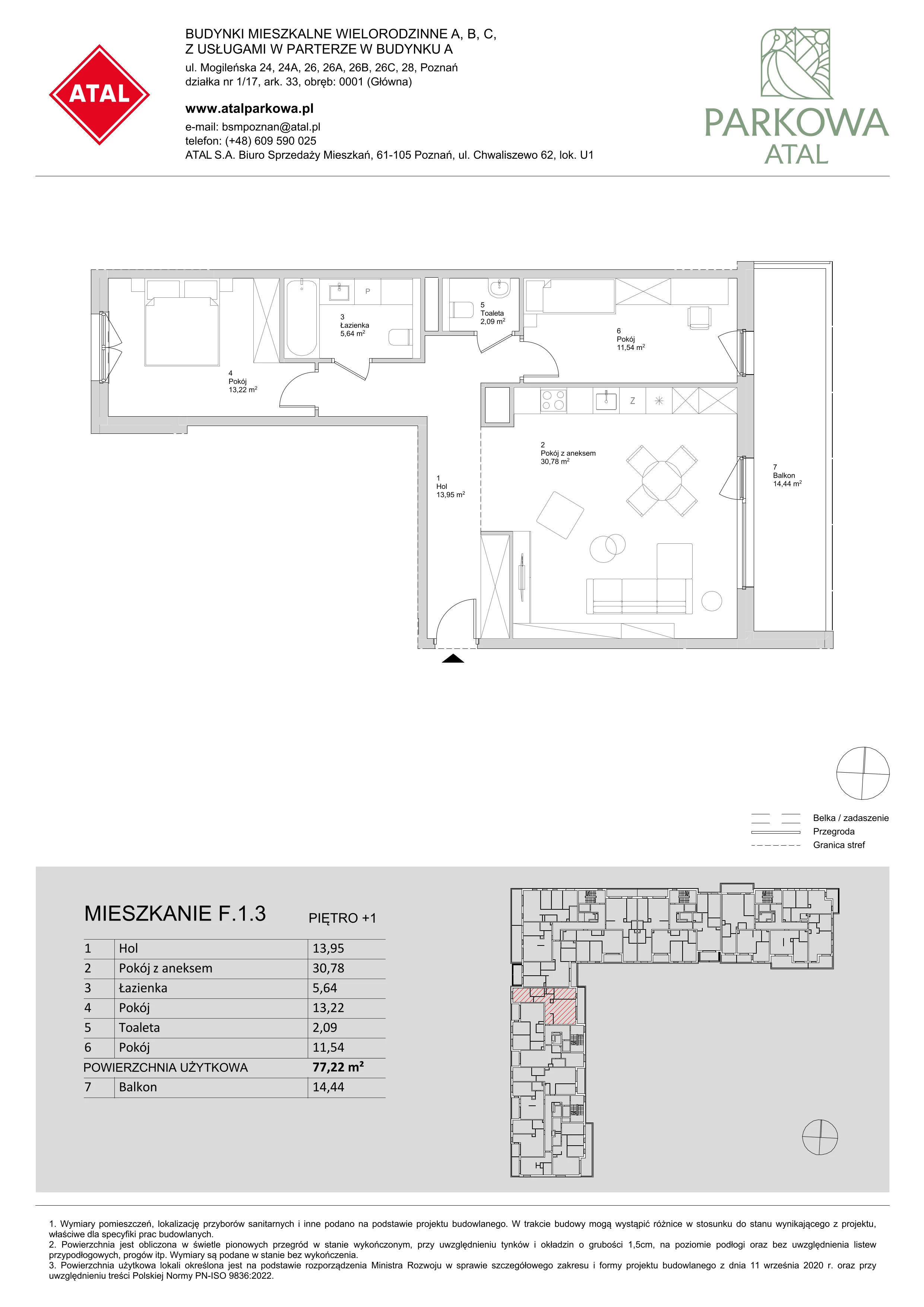 3 pokoje, mieszkanie 77,22 m², piętro 1, oferta nr F.1.3, ATAL Parkowa, Poznań, Nowe Miasto, Osiedle Warszawskie, ul. Mogileńska