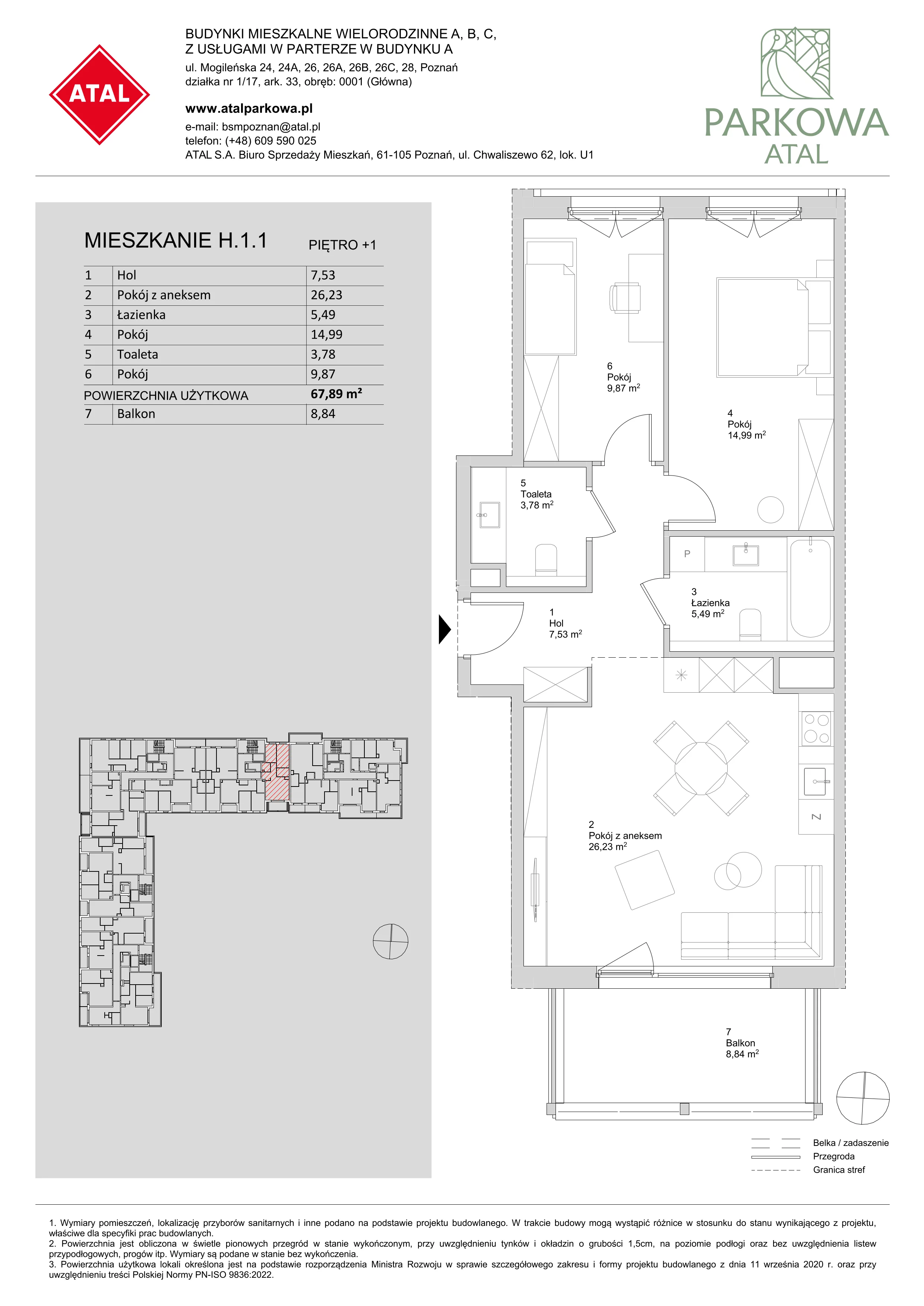 3 pokoje, mieszkanie 67,89 m², piętro 1, oferta nr H.1.1, ATAL Parkowa, Poznań, Nowe Miasto, Osiedle Warszawskie, ul. Mogileńska
