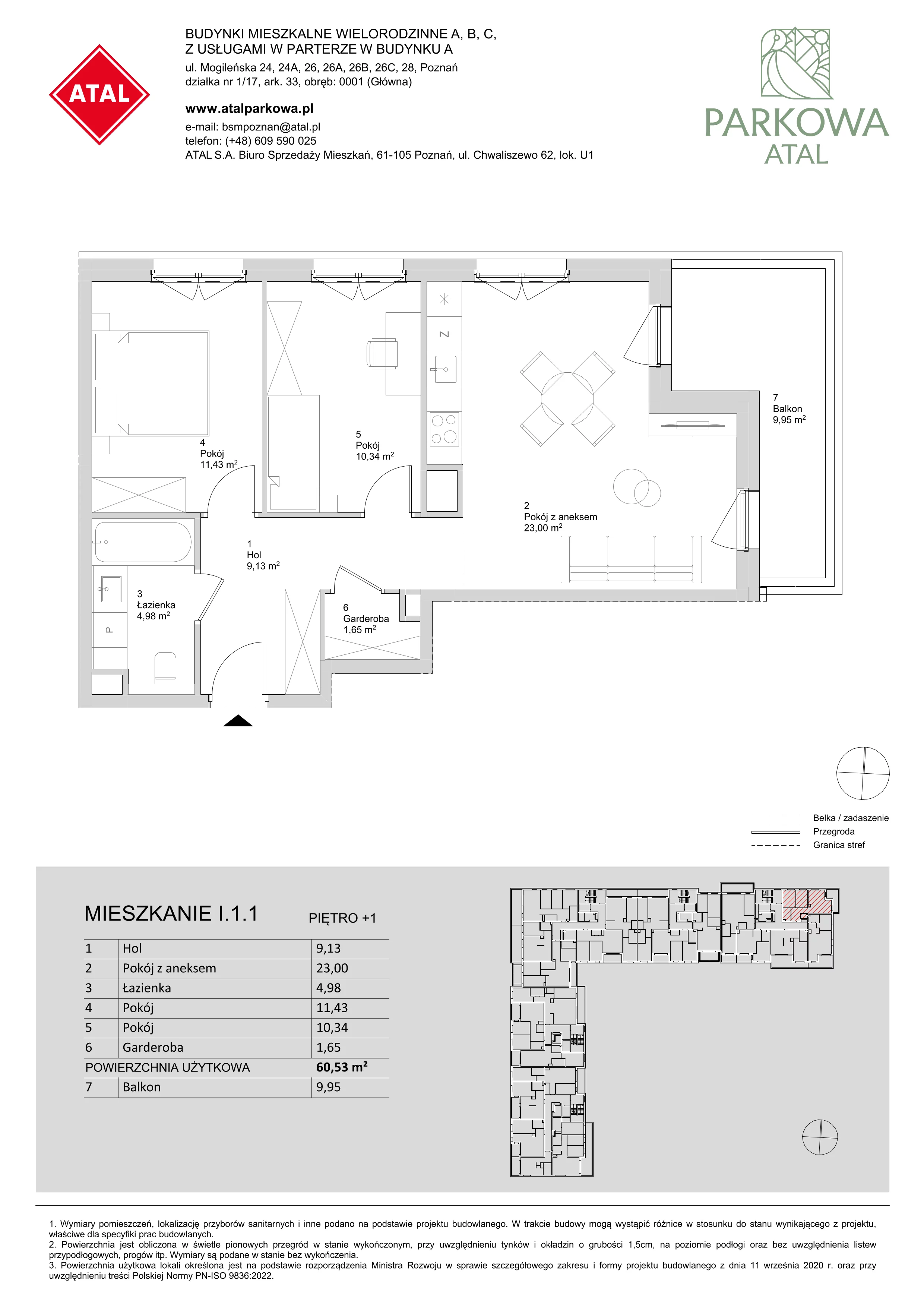 3 pokoje, mieszkanie 60,53 m², piętro 1, oferta nr I.1.1, ATAL Parkowa, Poznań, Nowe Miasto, Osiedle Warszawskie, ul. Mogileńska