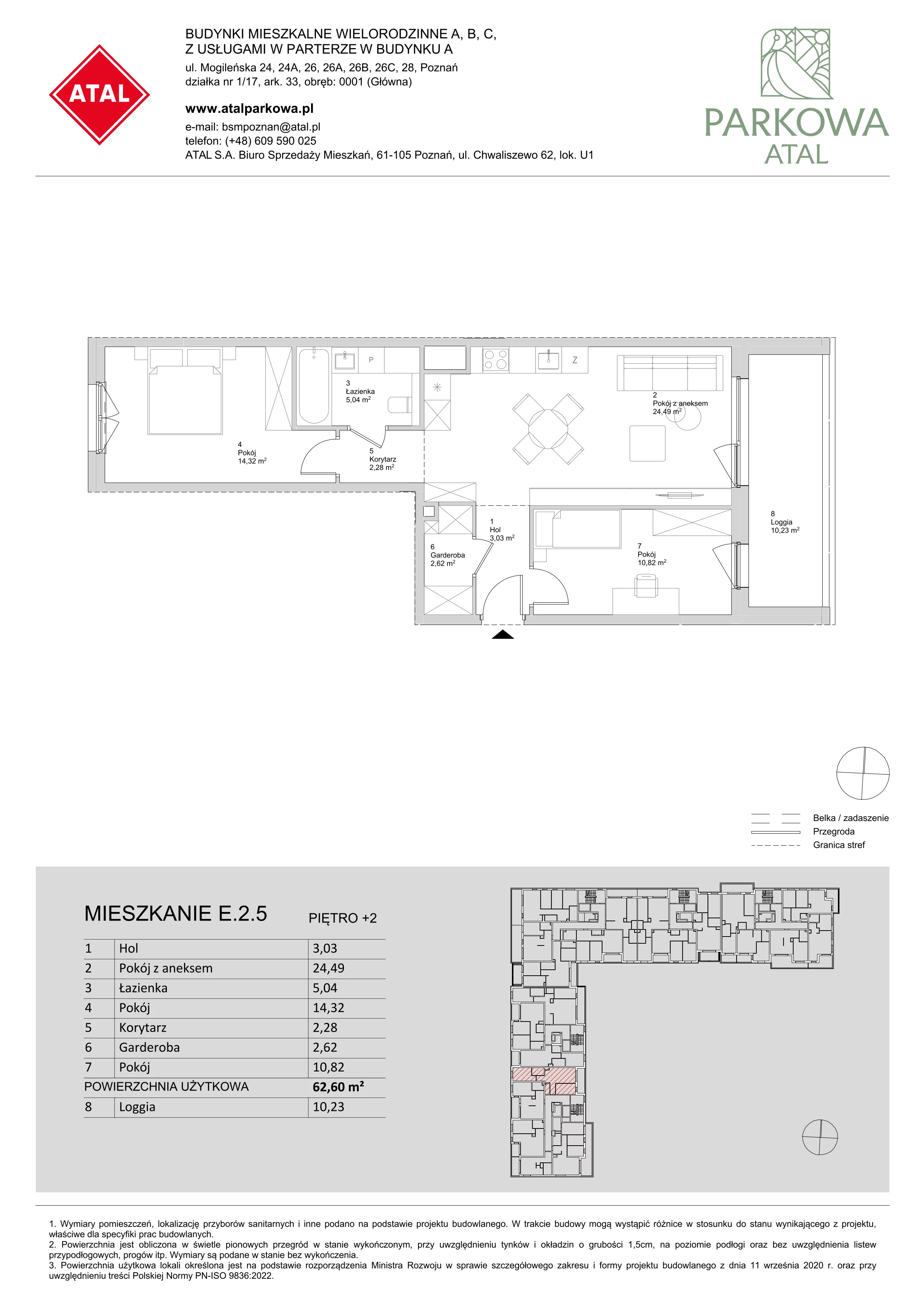 3 pokoje, mieszkanie 62,60 m², piętro 2, oferta nr E.2.5, ATAL Parkowa, Poznań, Nowe Miasto, Osiedle Warszawskie, ul. Mogileńska