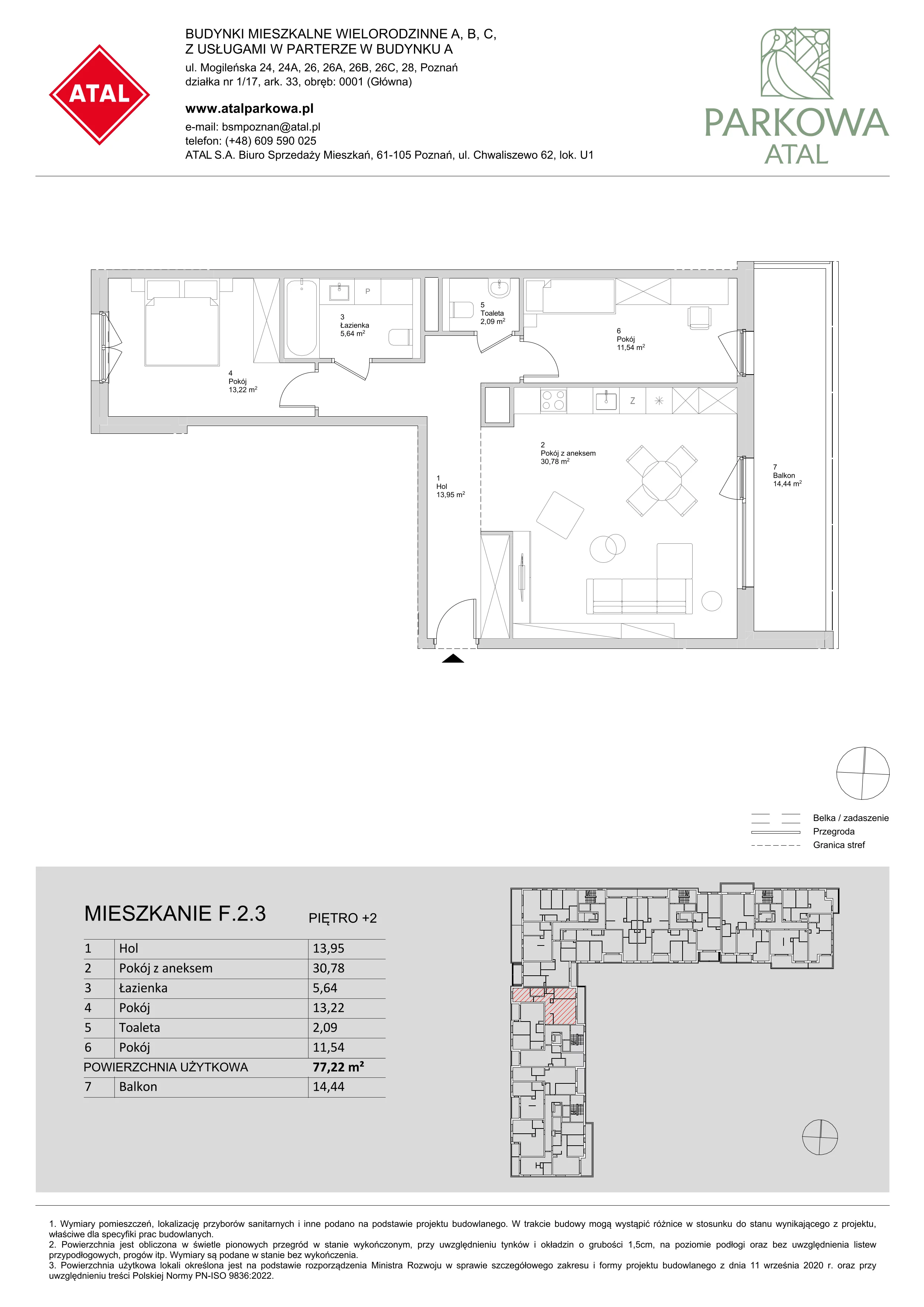 3 pokoje, mieszkanie 77,22 m², piętro 2, oferta nr F.2.3, ATAL Parkowa, Poznań, Nowe Miasto, Osiedle Warszawskie, ul. Mogileńska